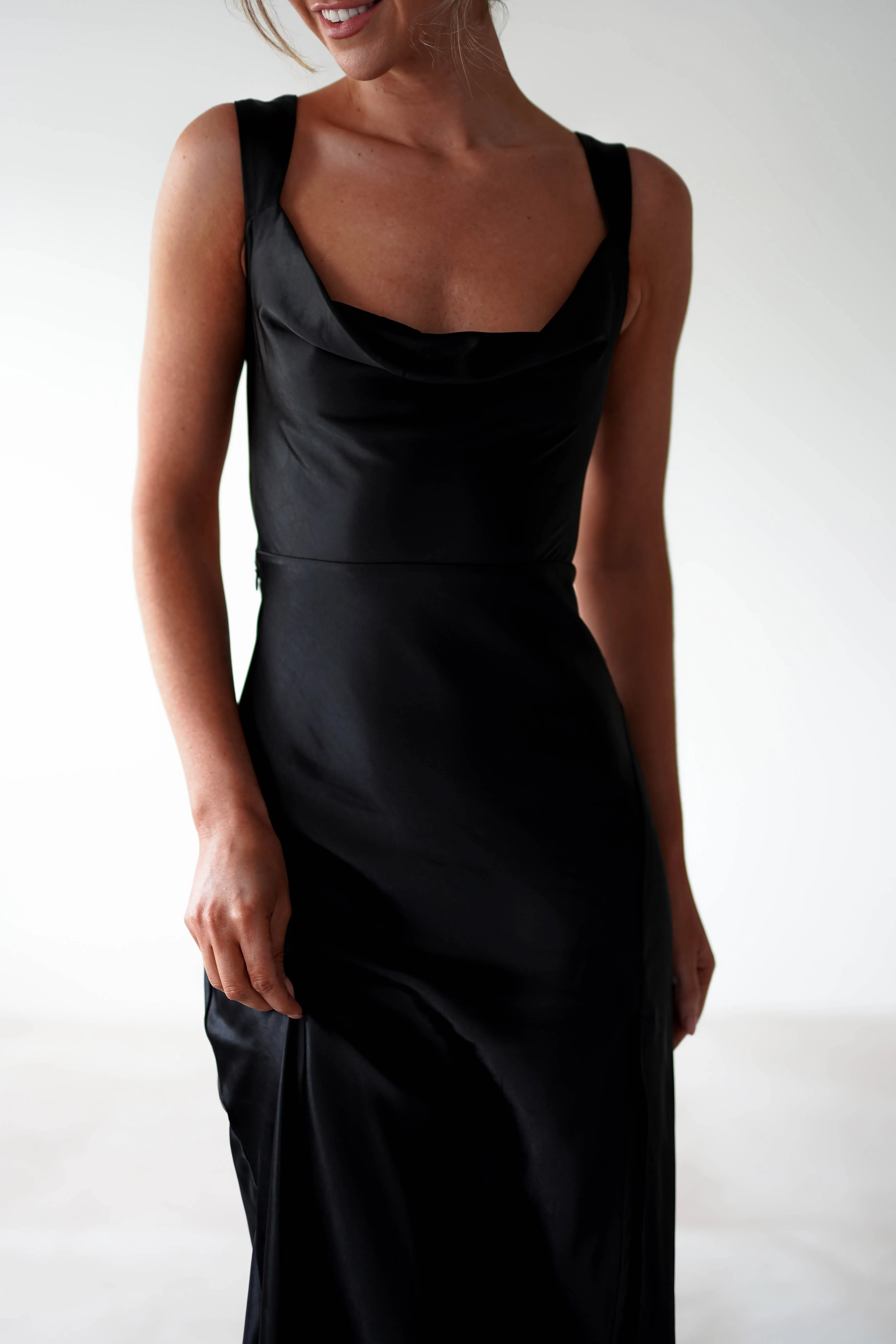 Riviera Soft Satin Maxi Gown | Black