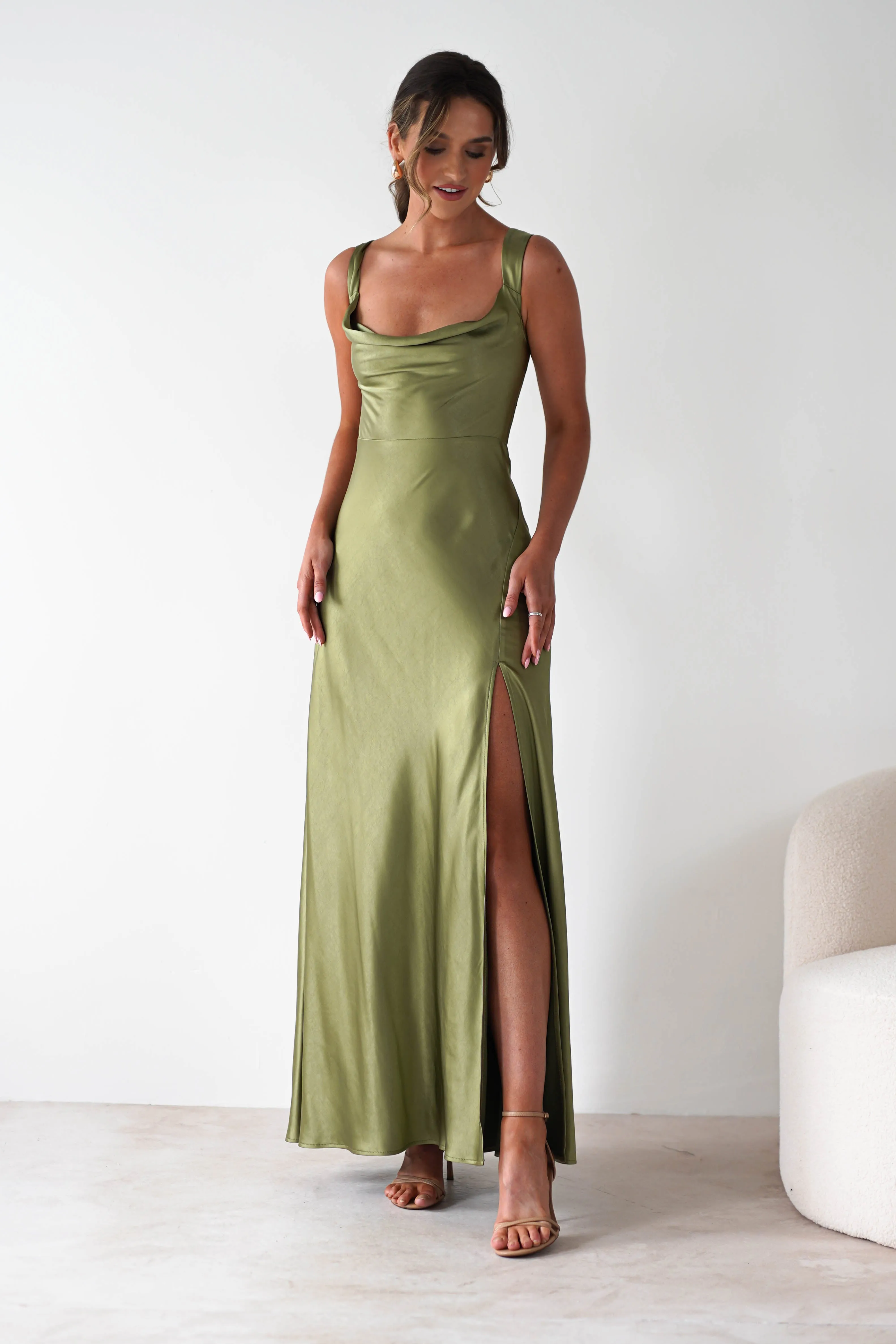 Riviera Soft Satin Maxi Gown | Olive