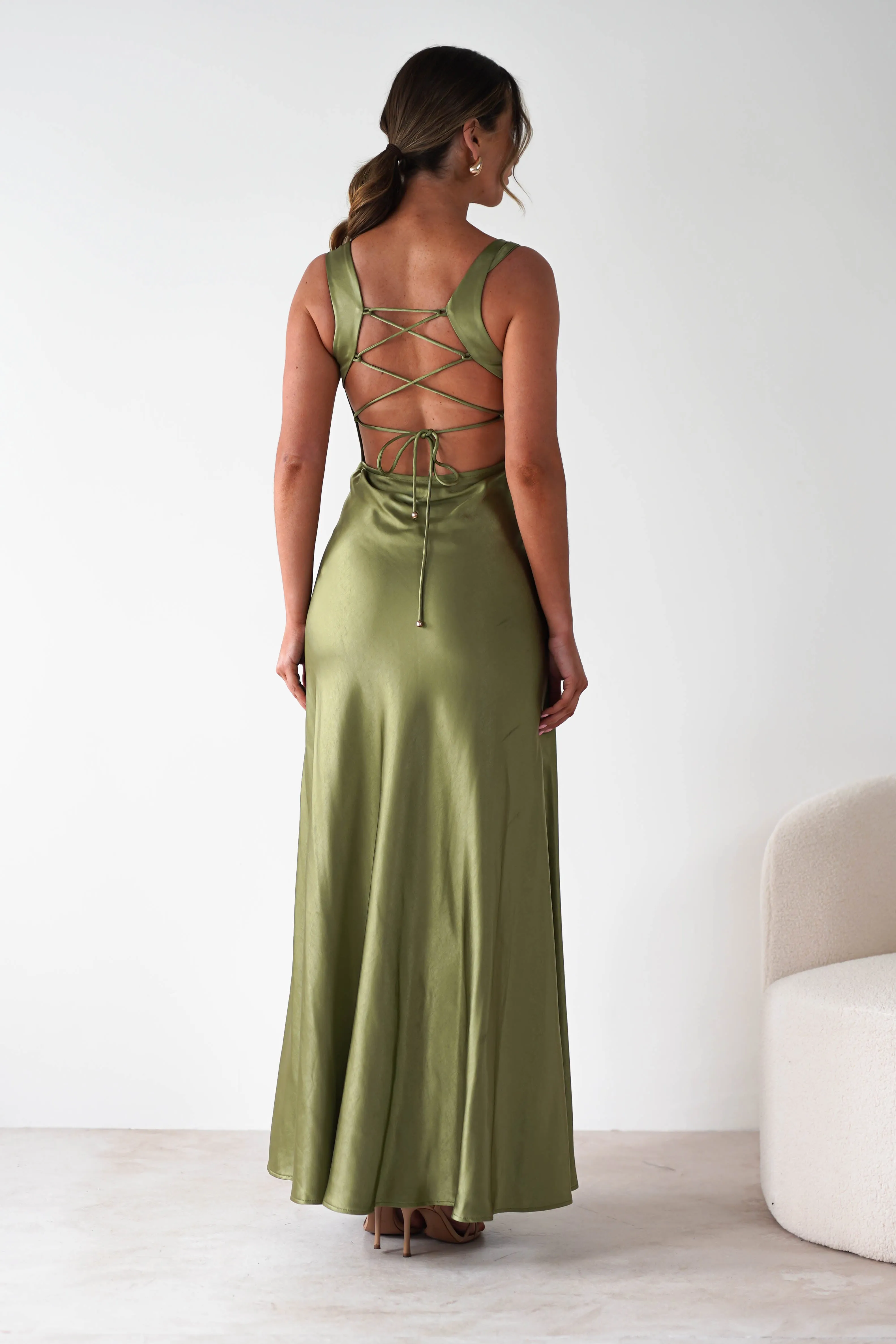 Riviera Soft Satin Maxi Gown | Olive