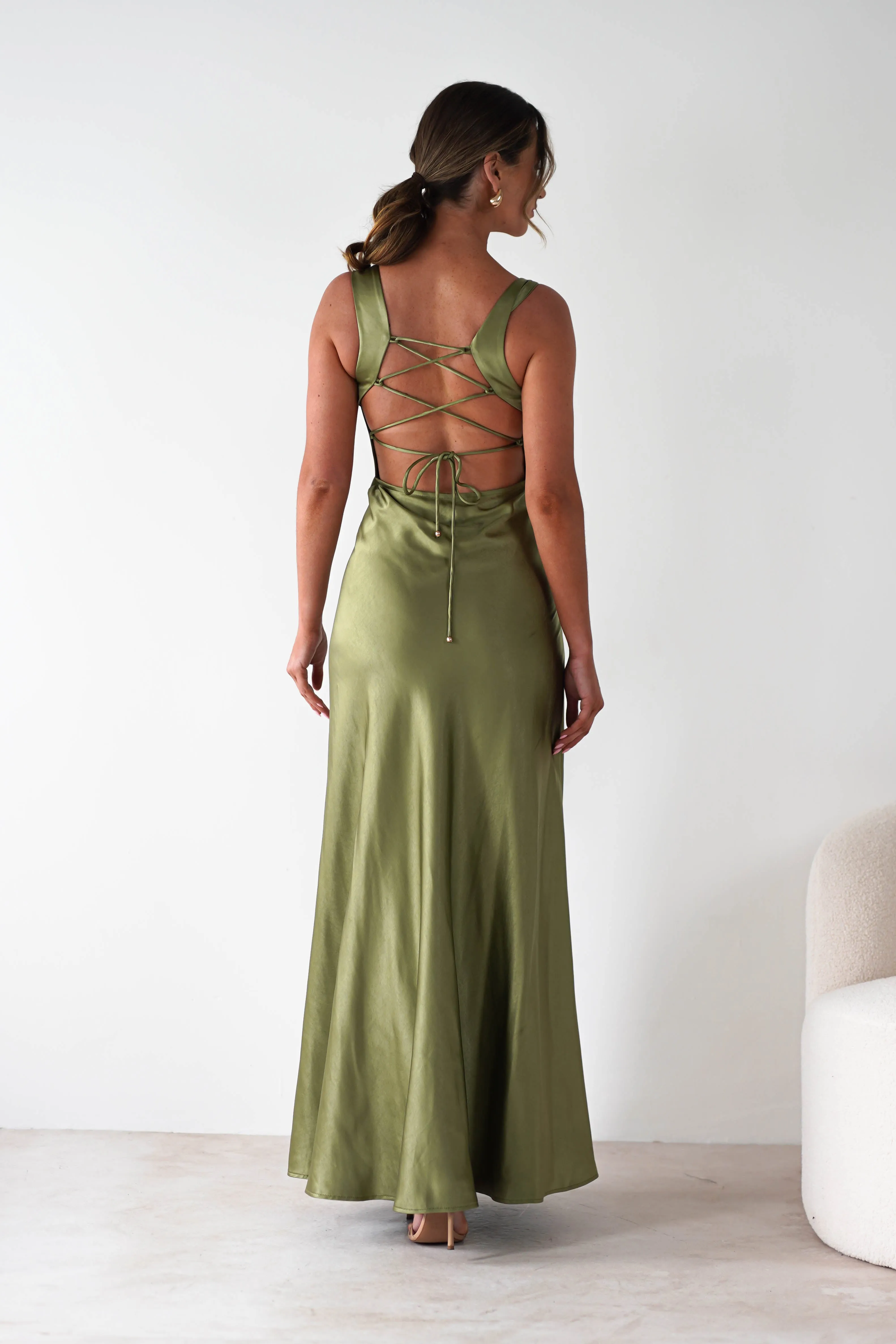 Riviera Soft Satin Maxi Gown | Olive