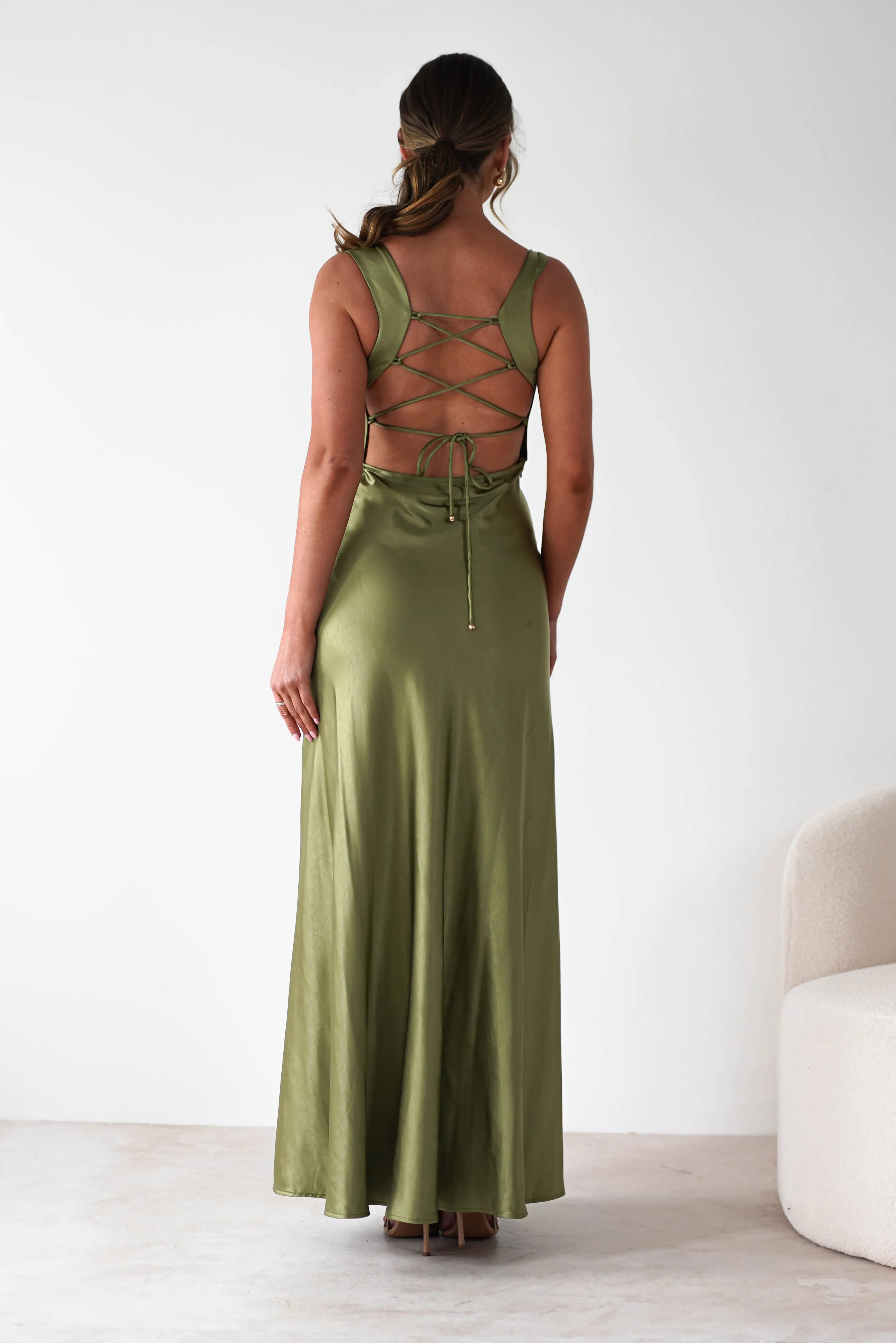 Riviera Soft Satin Maxi Gown | Olive