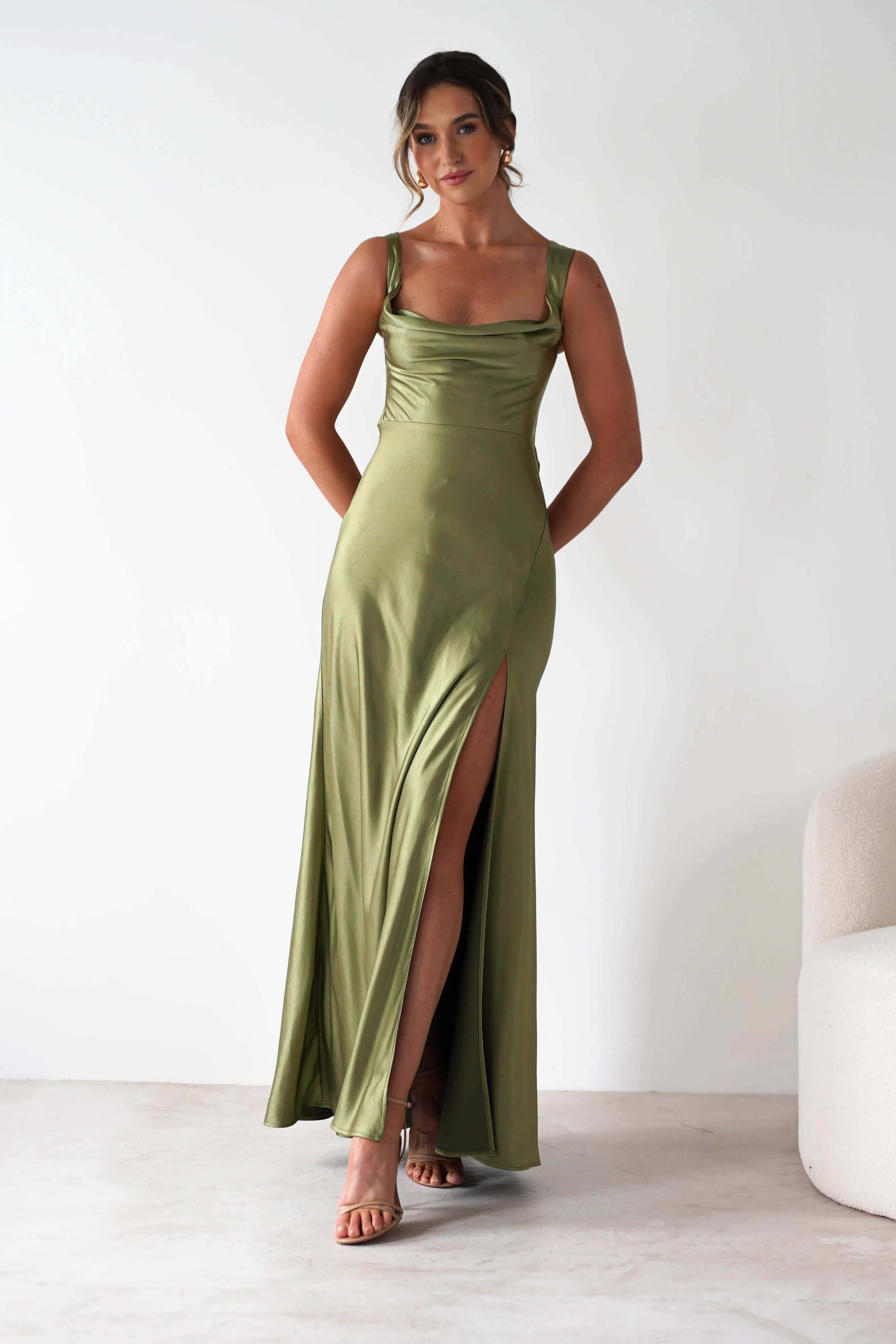 Riviera Soft Satin Maxi Gown | Olive