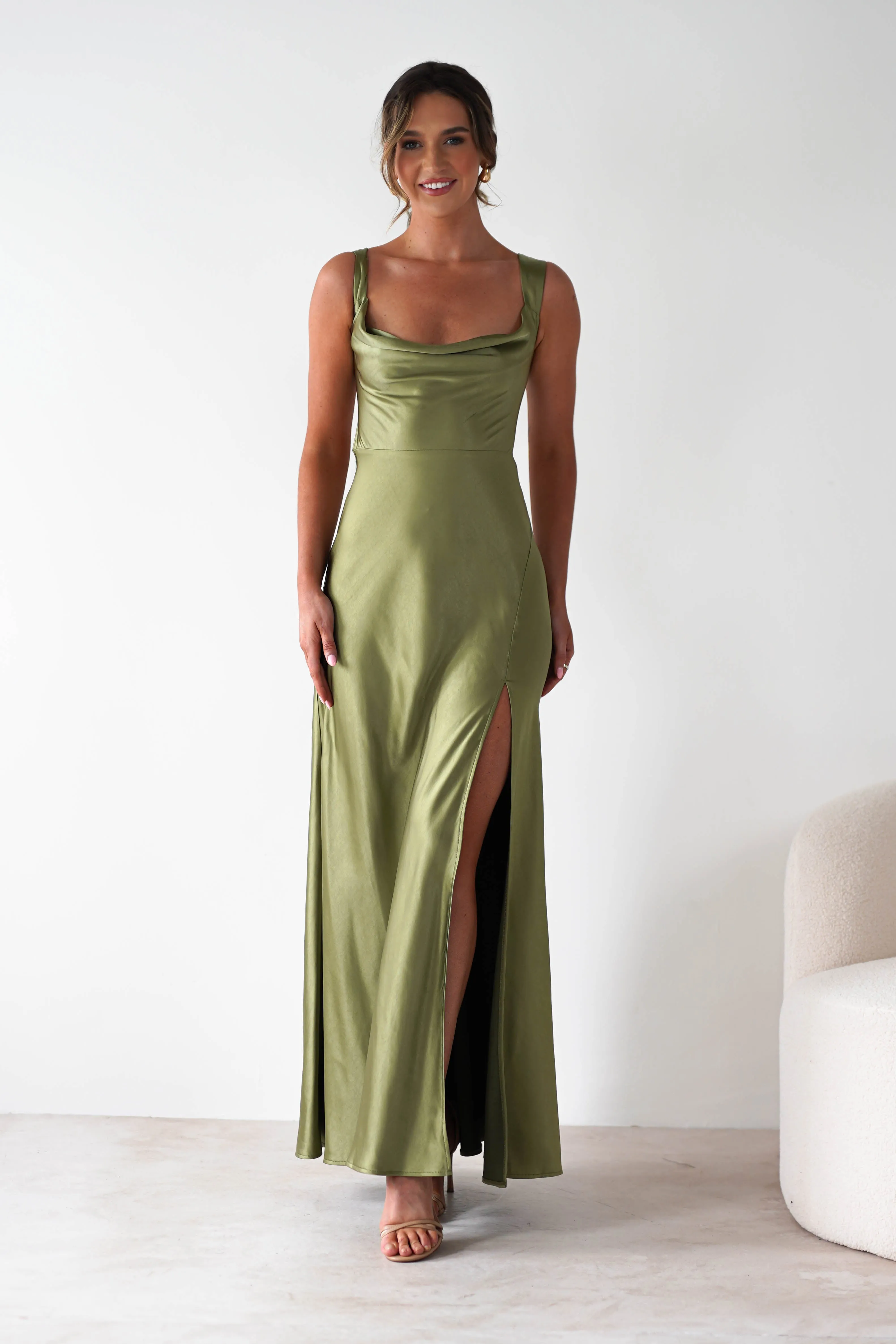 Riviera Soft Satin Maxi Gown | Olive