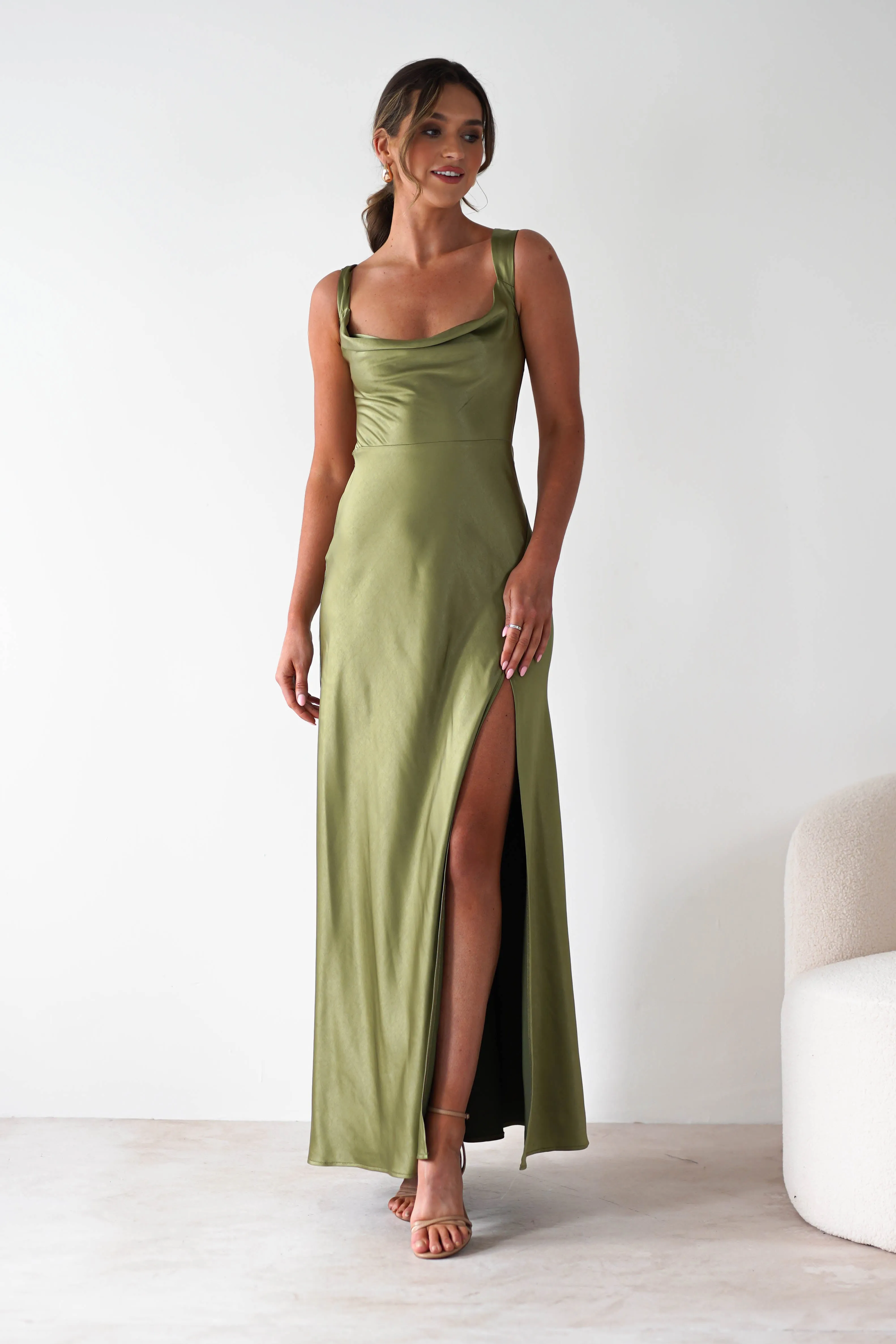 Riviera Soft Satin Maxi Gown | Olive