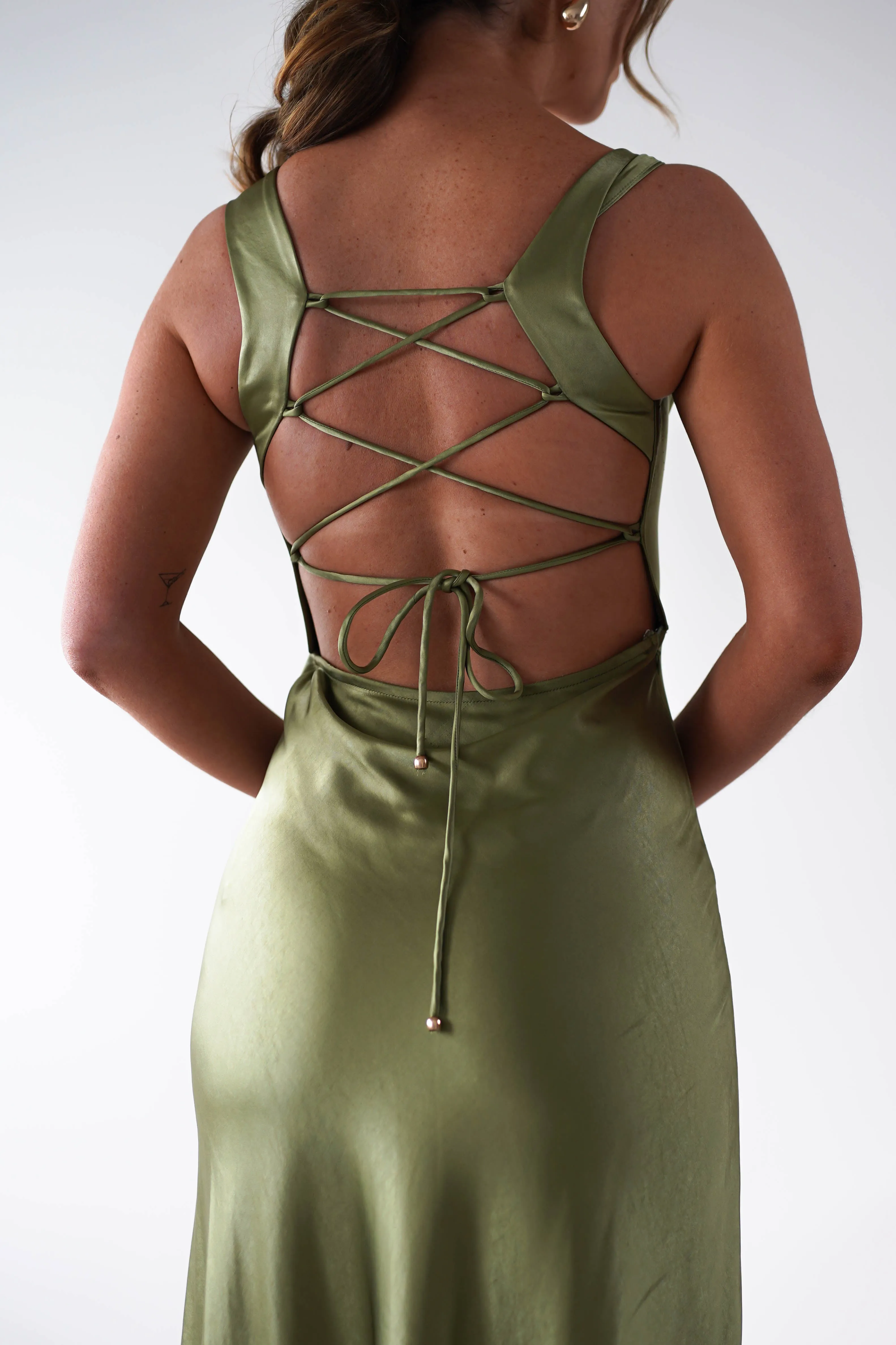 Riviera Soft Satin Maxi Gown | Olive