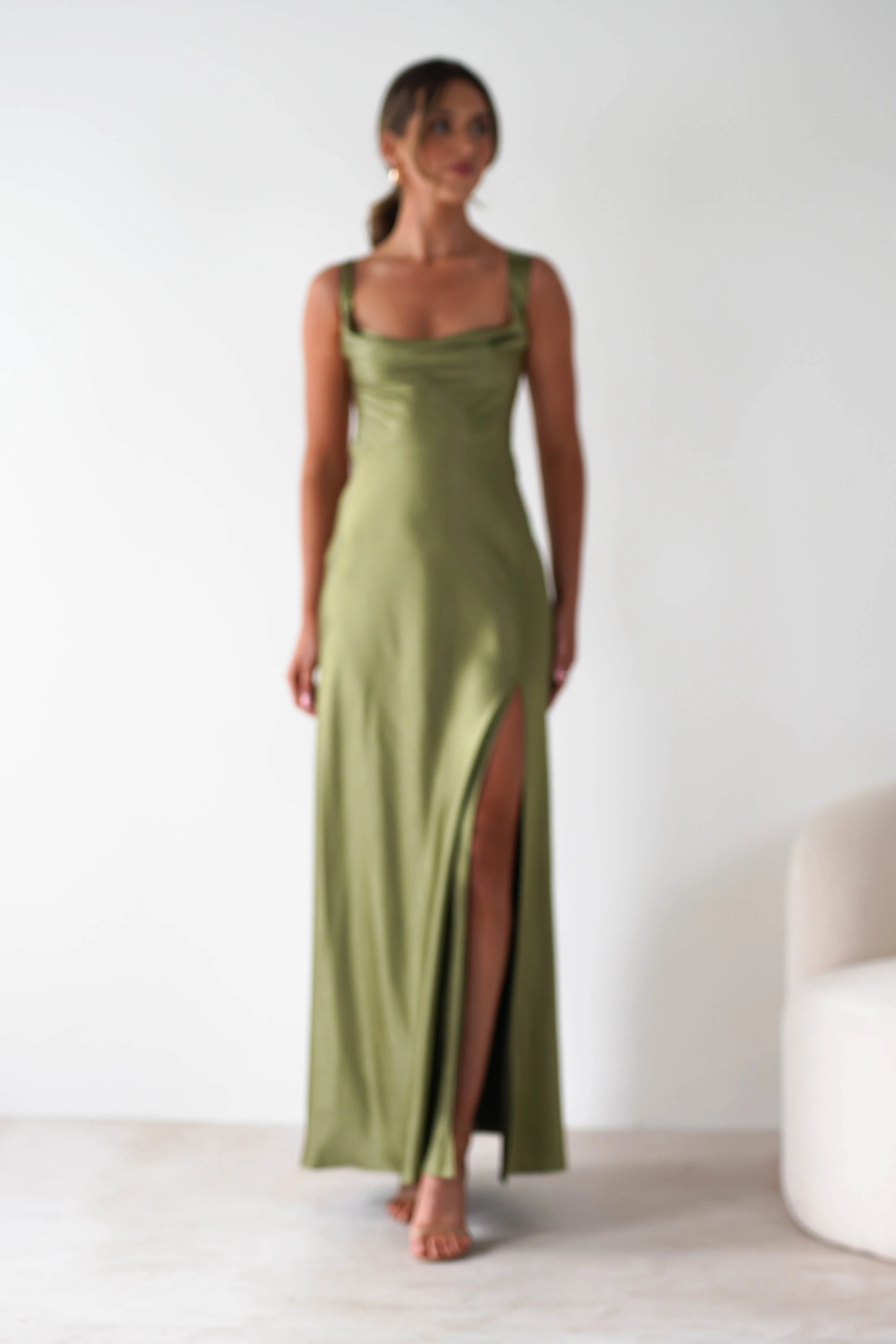 Riviera Soft Satin Maxi Gown | Olive