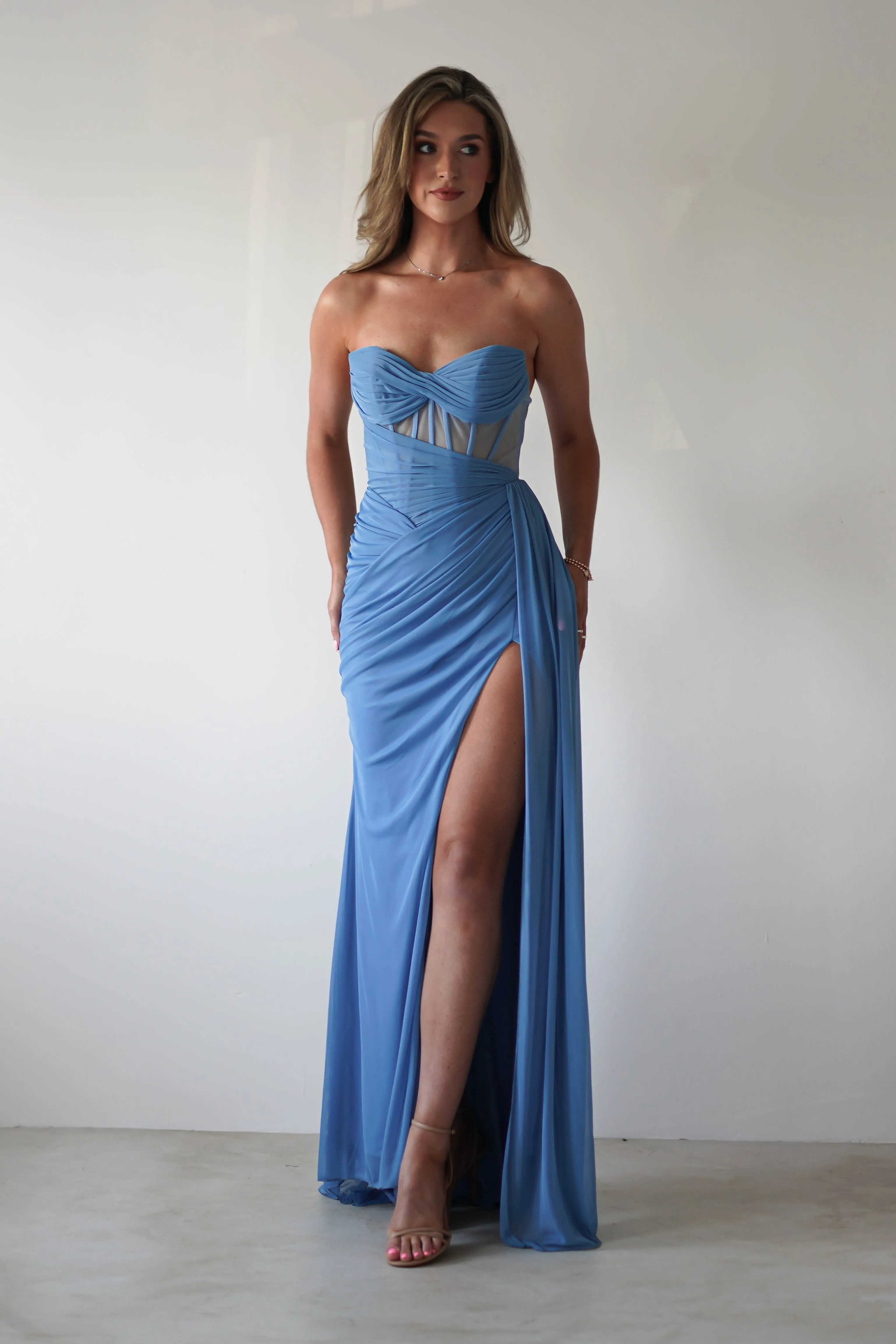 Robyn Draped Fitted Stapless Gown | Blue