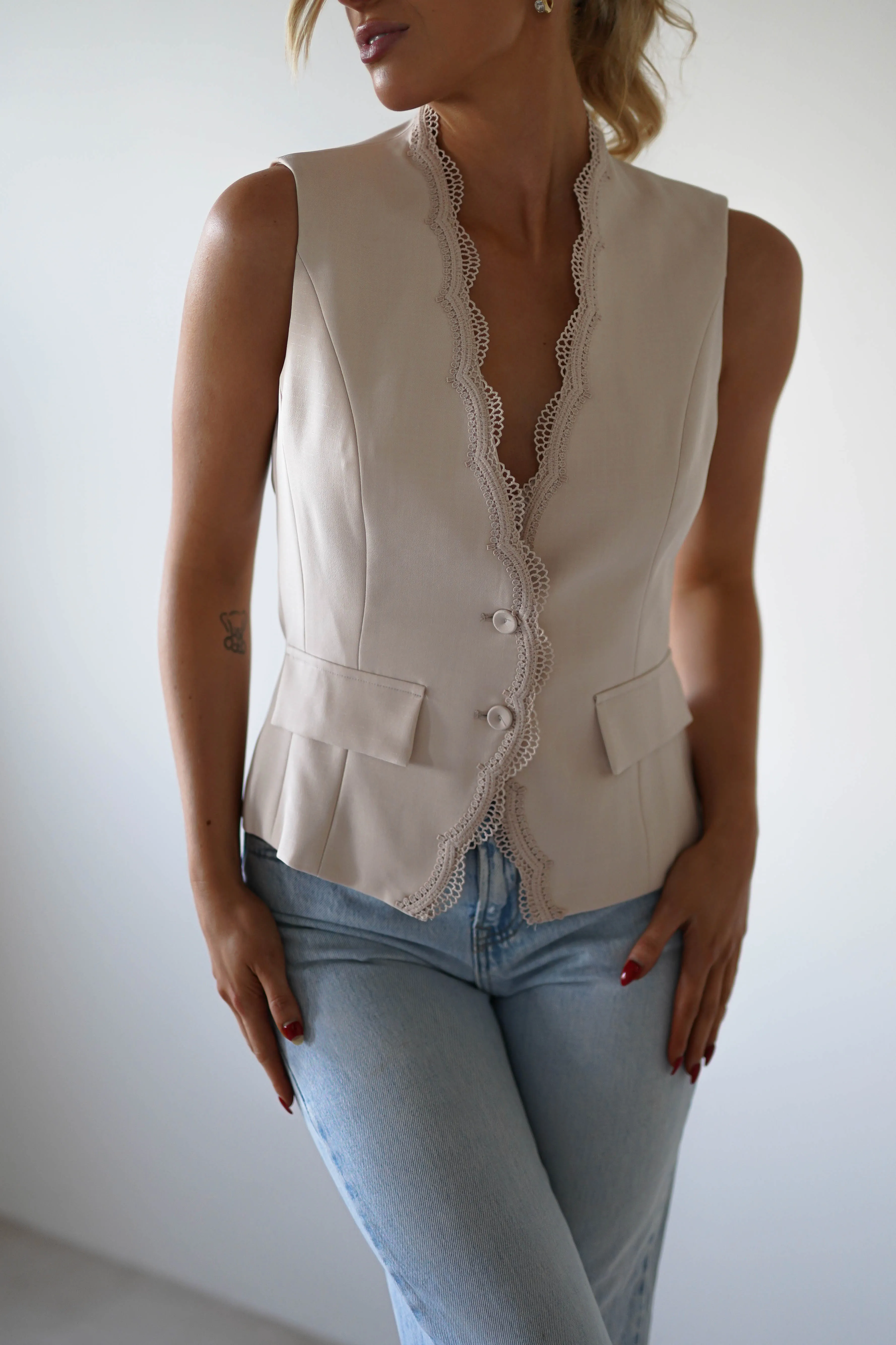 Rosha Lace Detail Waistcoat | Cream