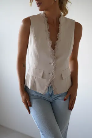 Rosha Lace Detail Waistcoat | Cream