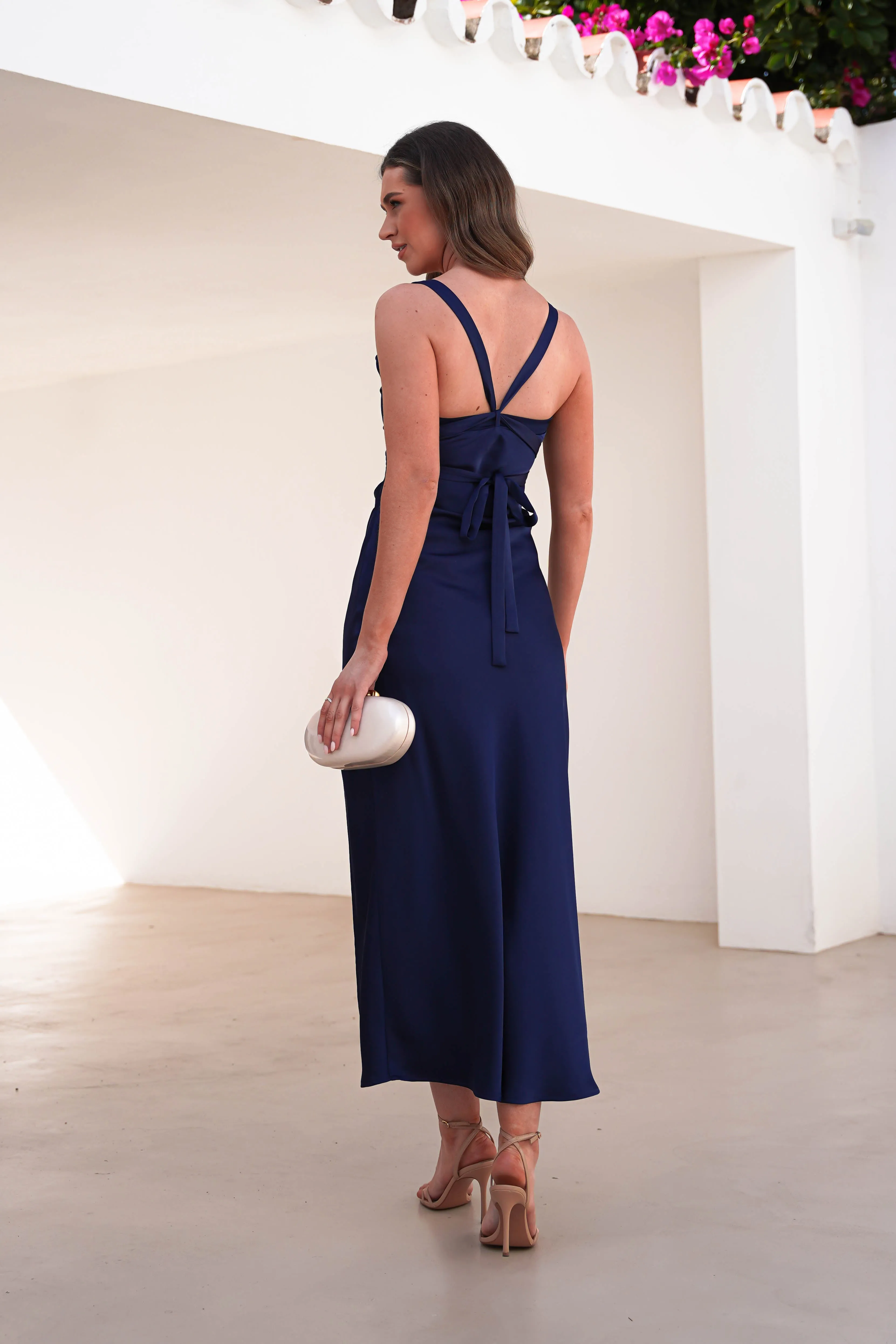 Salma Soft Matte Satin Midaxi Dress | Navy
