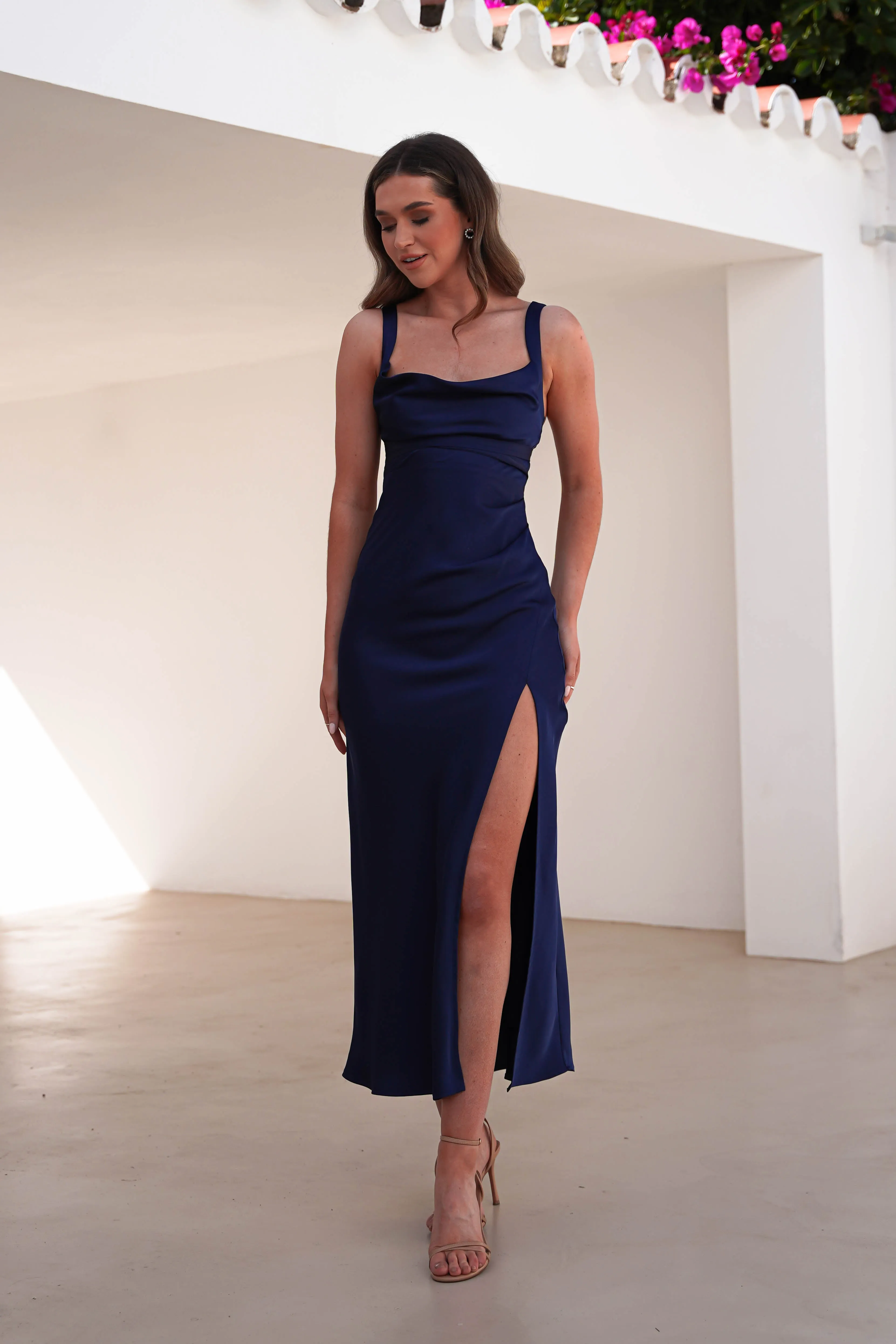 Salma Soft Matte Satin Midaxi Dress | Navy