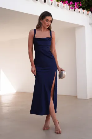 Salma Soft Matte Satin Midaxi Dress | Navy