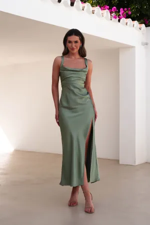 Salma Soft Matte Satin Midaxi Dress | Olive