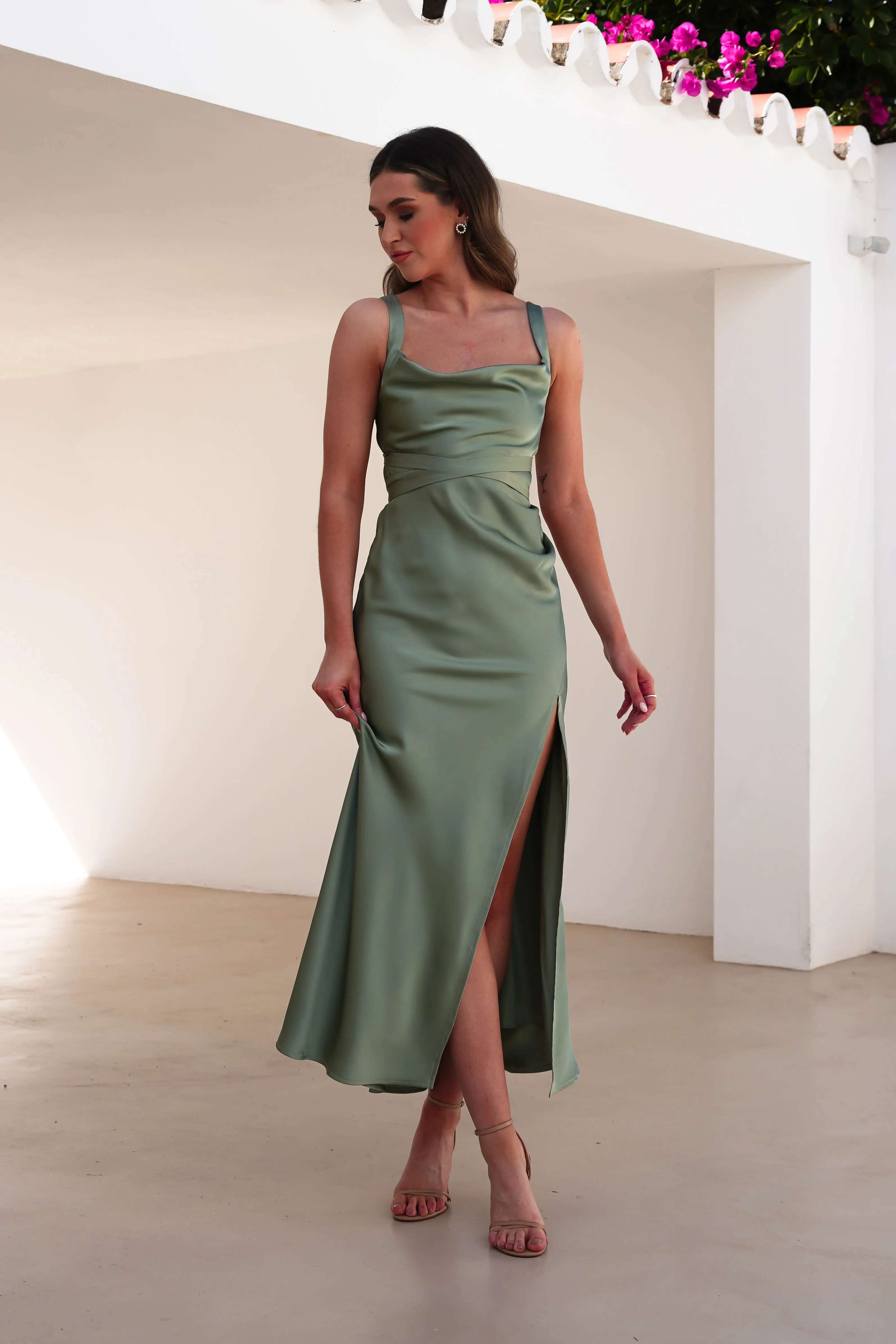 Salma Soft Matte Satin Midaxi Dress | Olive
