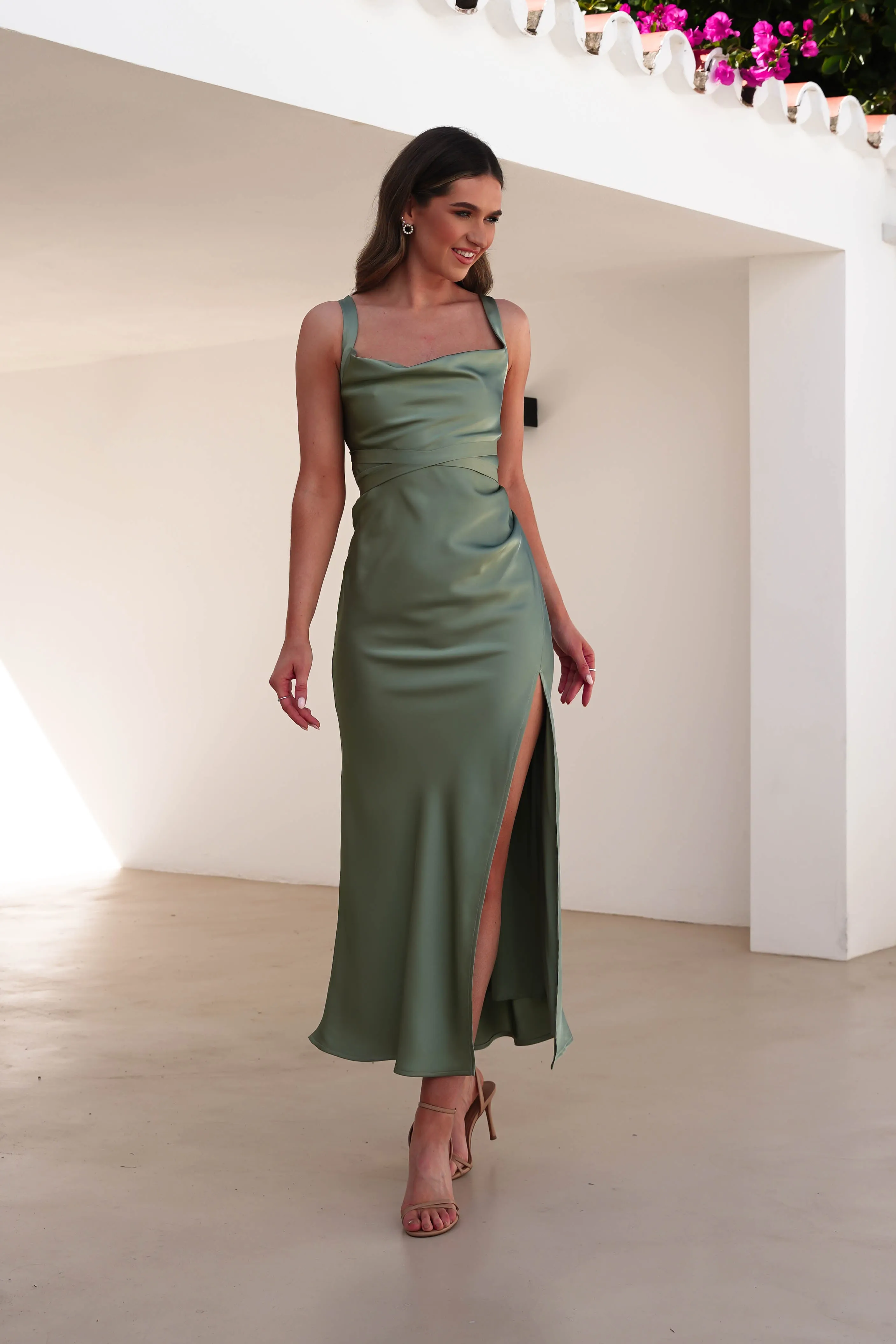 Salma Soft Matte Satin Midaxi Dress | Olive