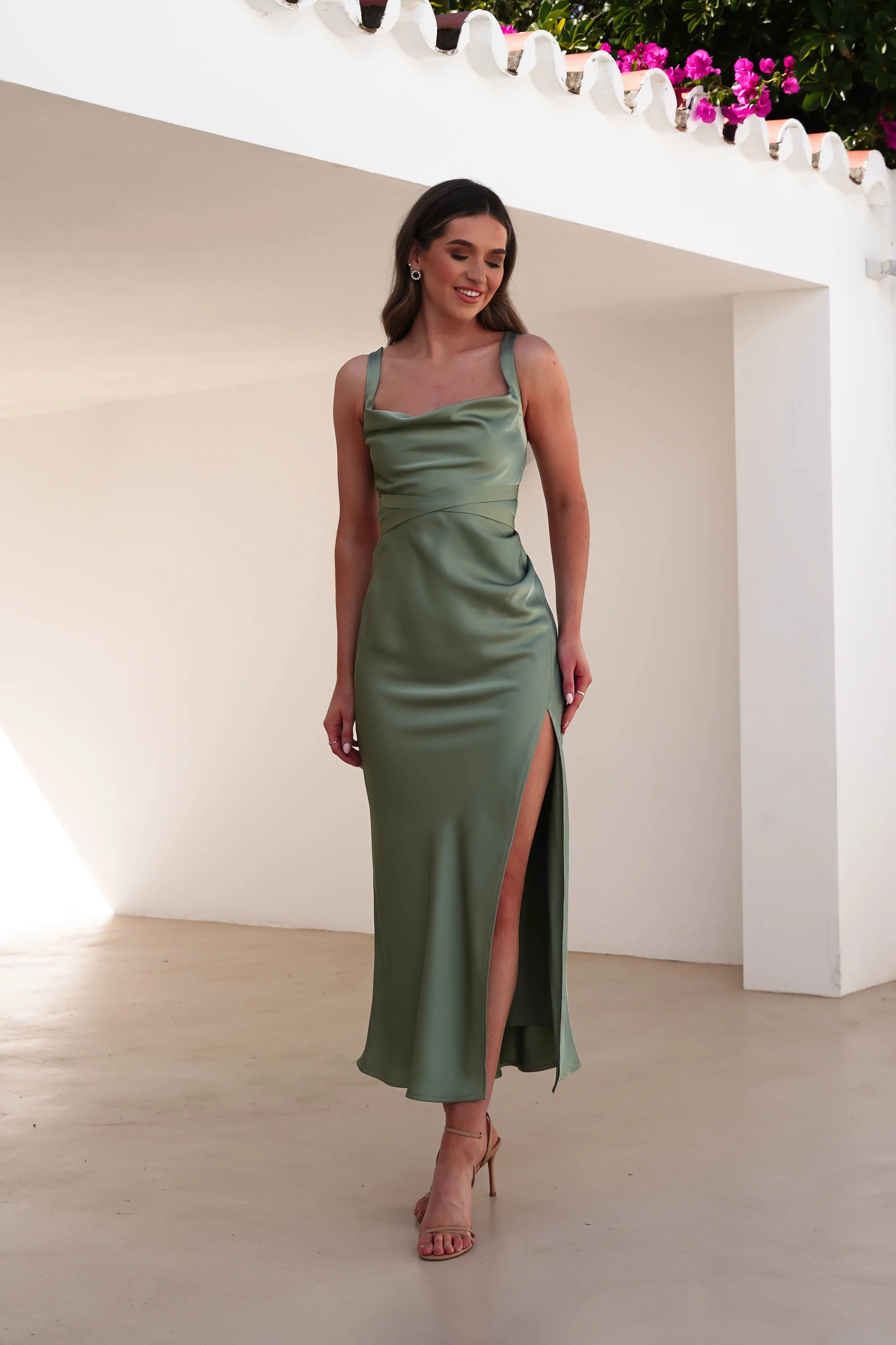 Salma Soft Matte Satin Midaxi Dress | Olive