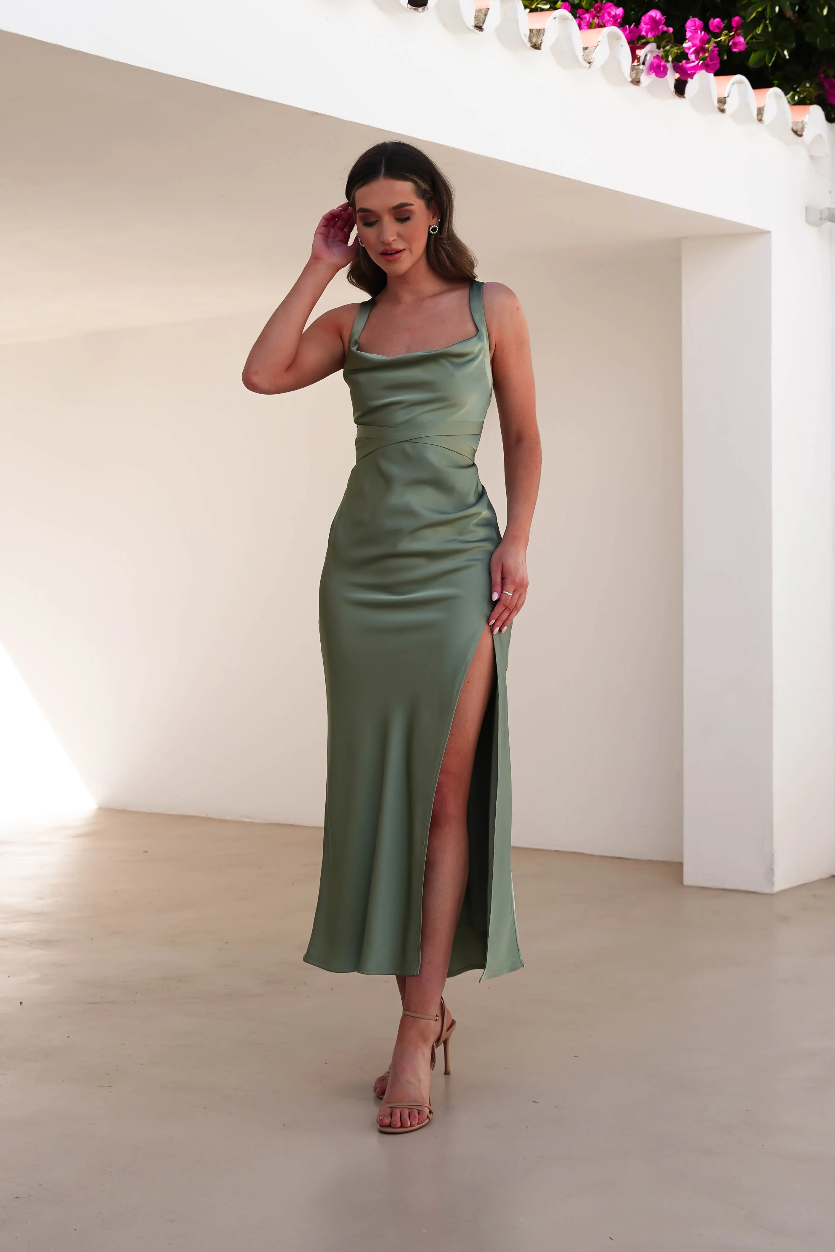 Salma Soft Matte Satin Midaxi Dress | Olive