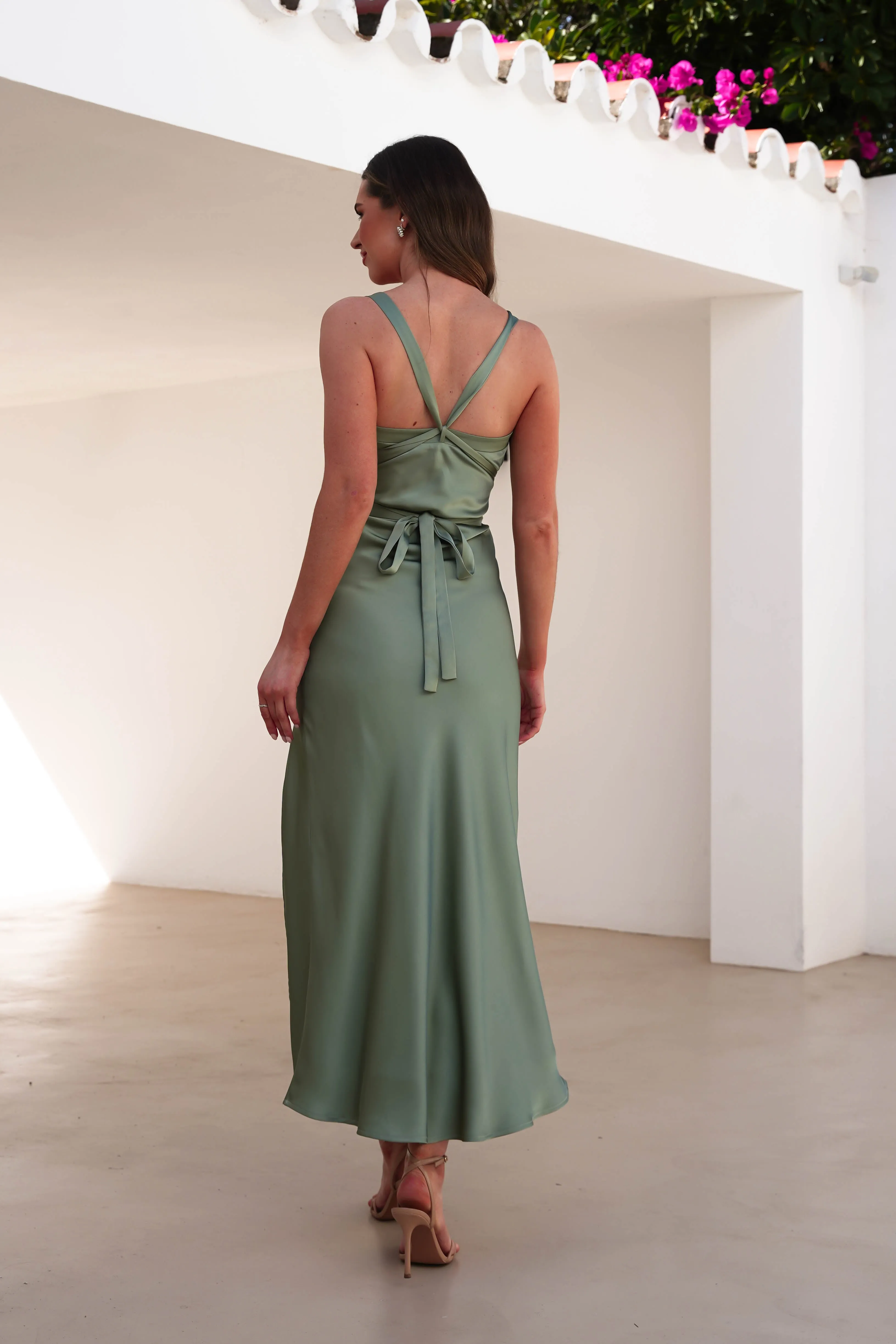 Salma Soft Matte Satin Midaxi Dress | Olive