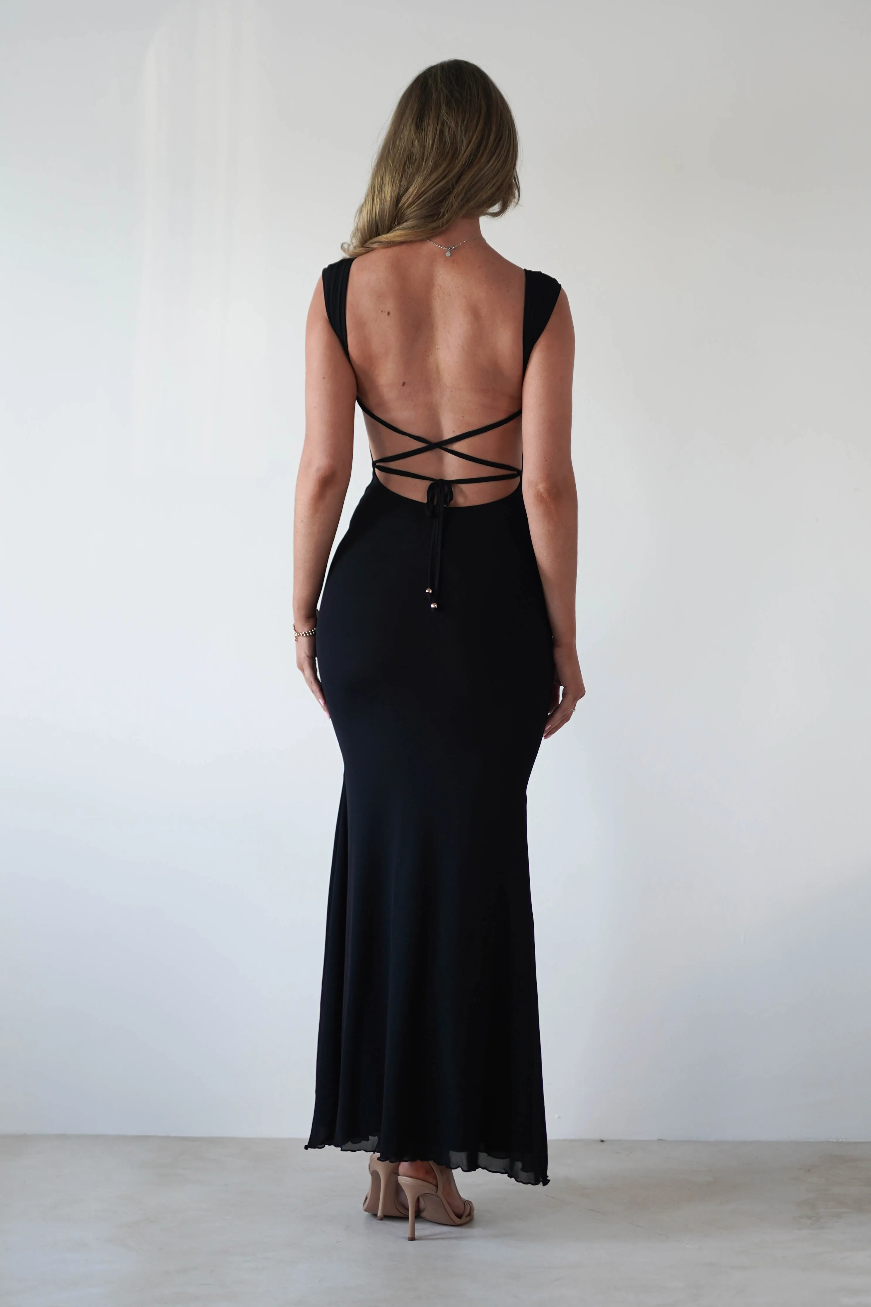 Sky Stretchy Mesh Backless Maxi Dress | Black
