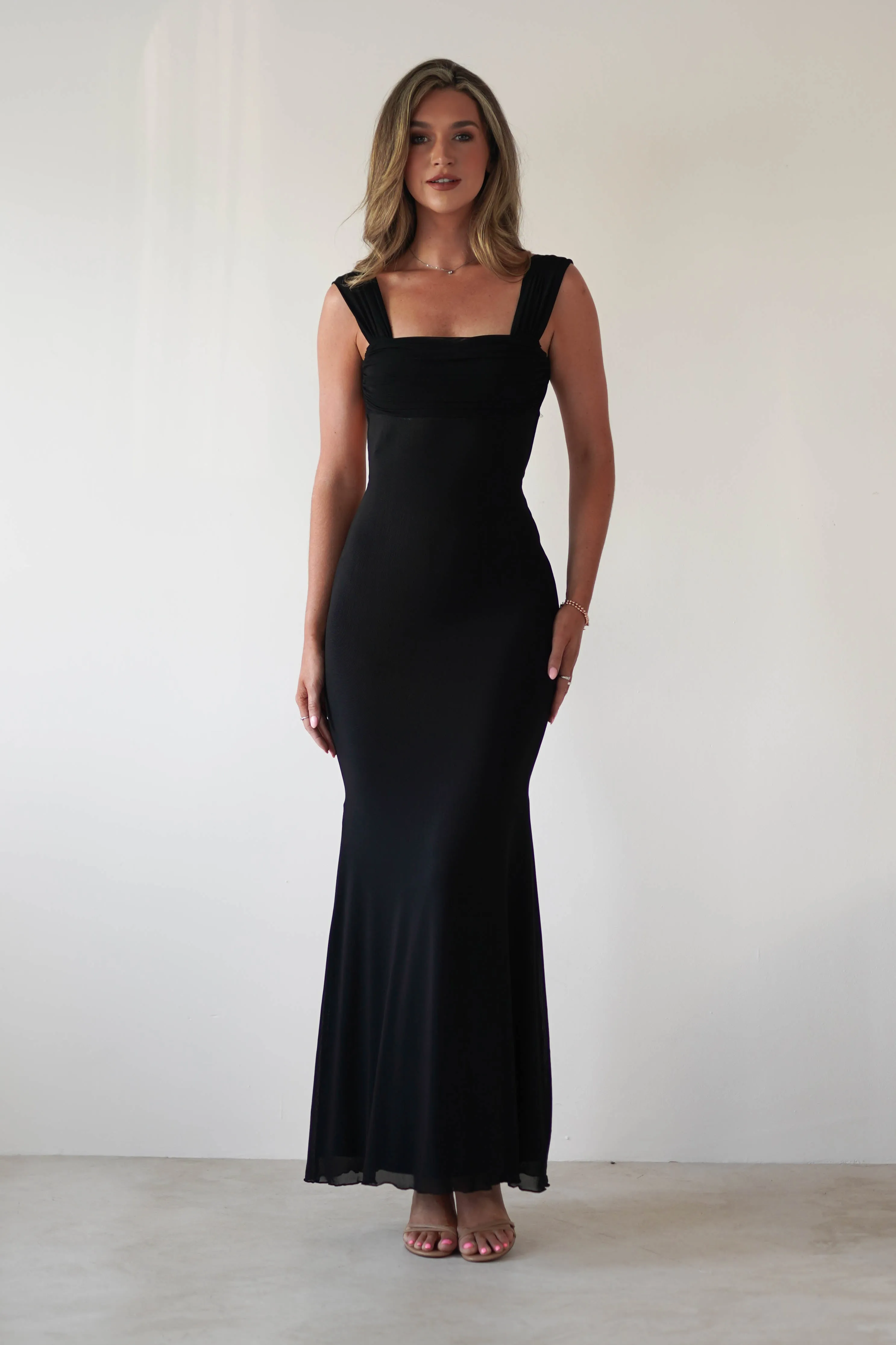 Sky Stretchy Mesh Backless Maxi Dress | Black