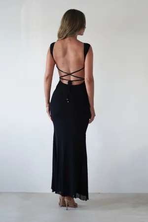 Sky Stretchy Mesh Backless Maxi Dress | Black
