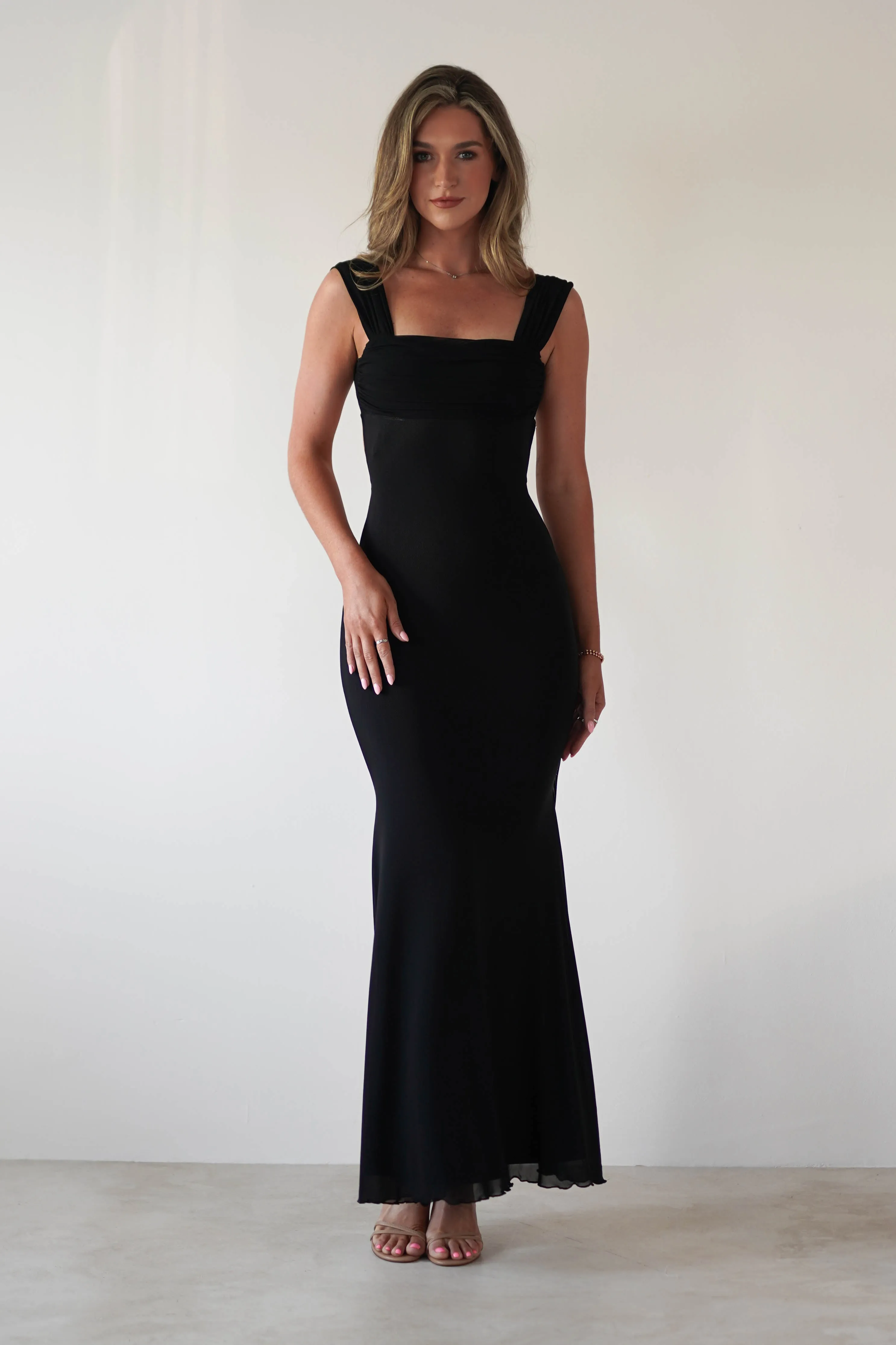 Sky Stretchy Mesh Backless Maxi Dress | Black