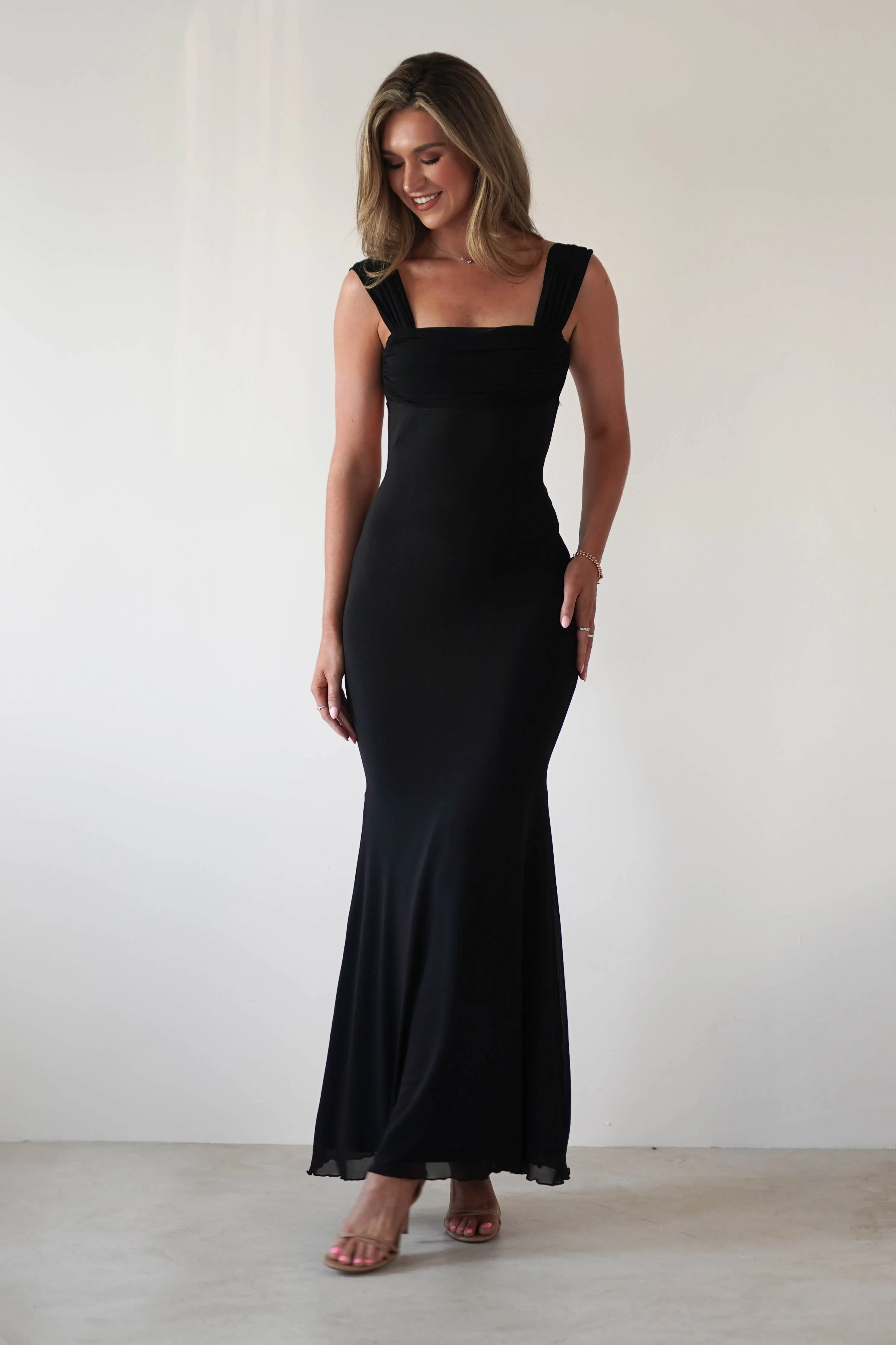 Sky Stretchy Mesh Backless Maxi Dress | Black