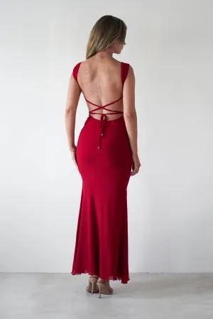 Sky Stretchy Mesh Backless Maxi Dress | Dark Red