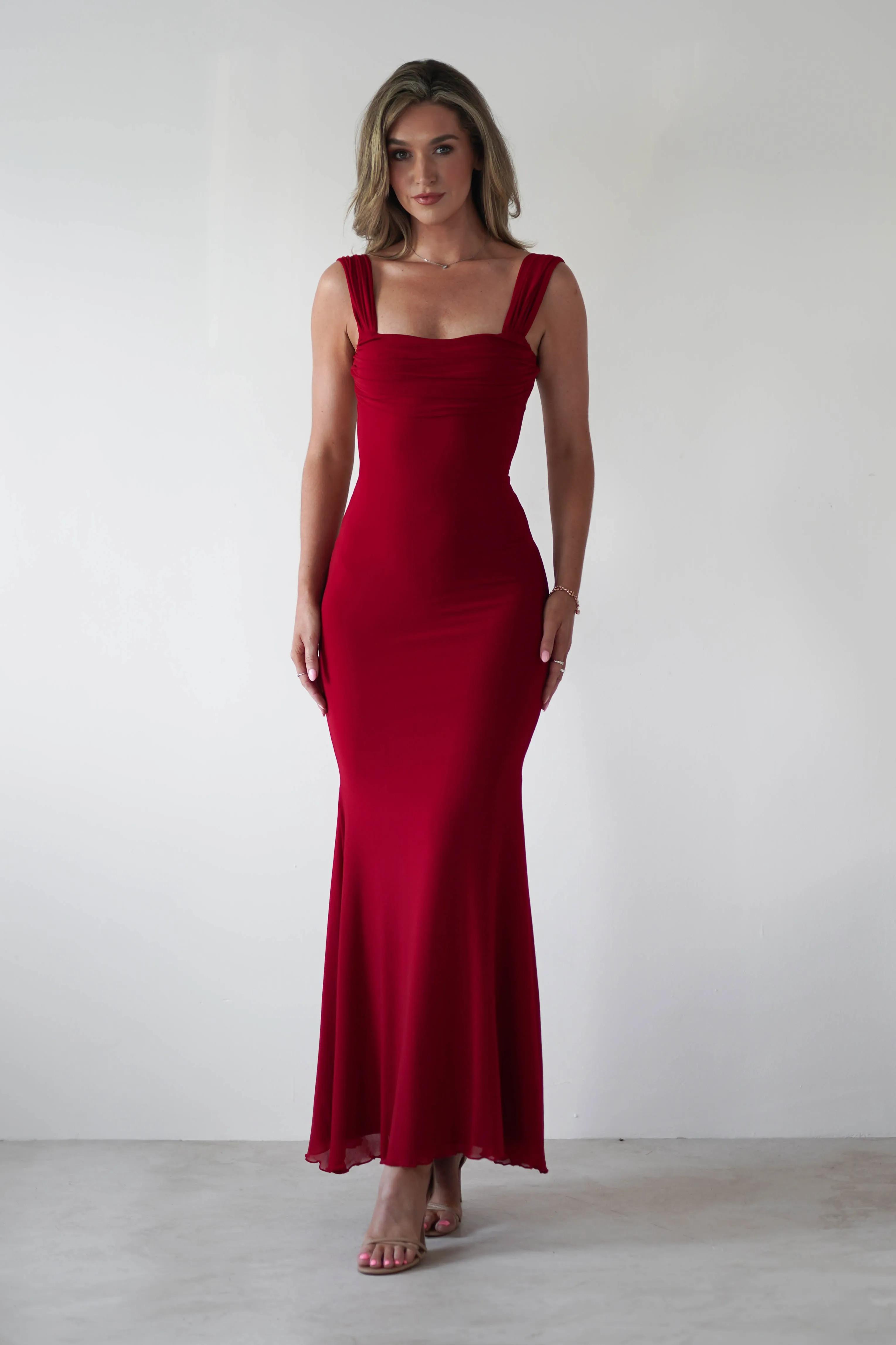 Sky Stretchy Mesh Backless Maxi Dress | Dark Red