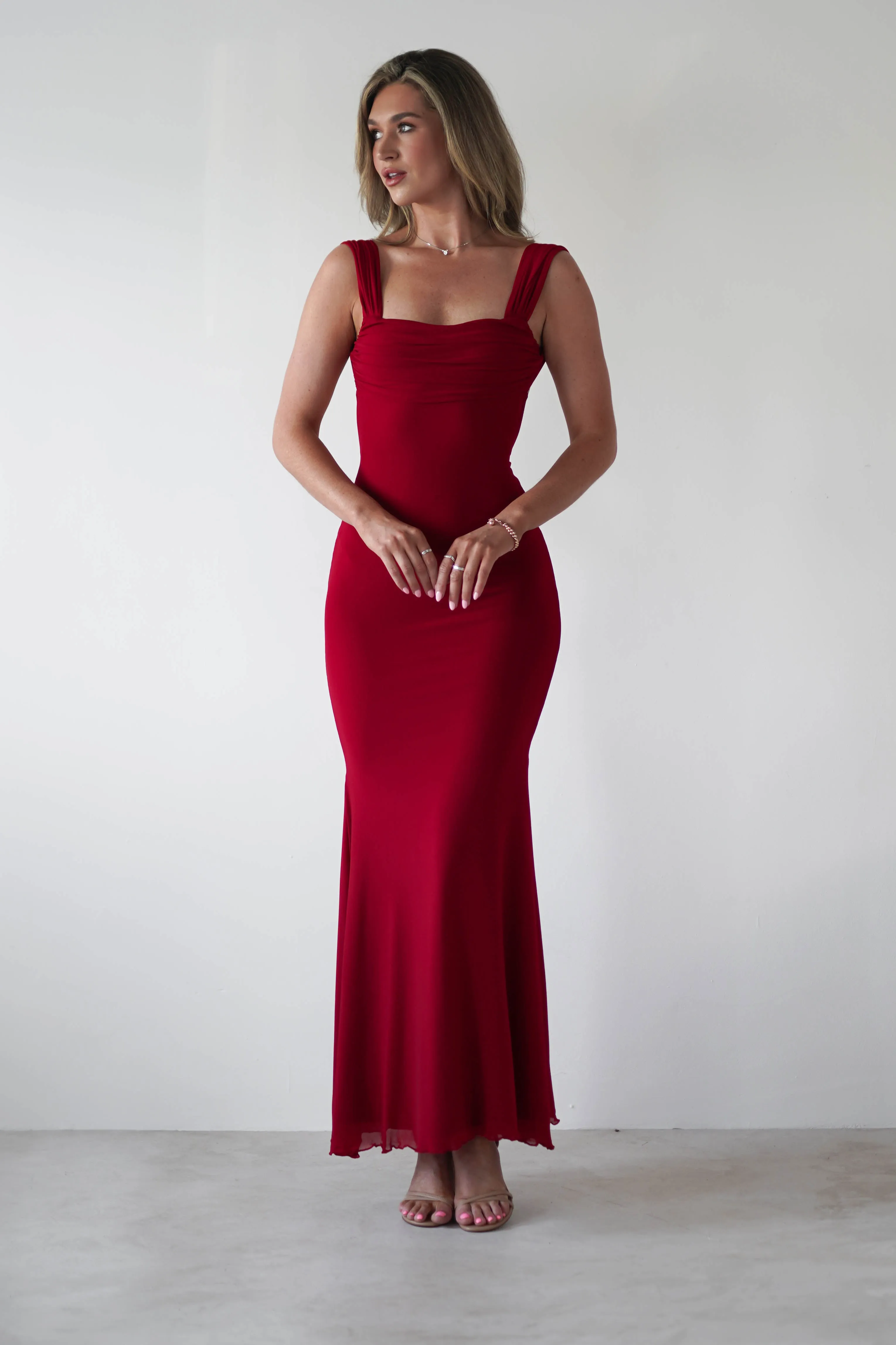 Sky Stretchy Mesh Backless Maxi Dress | Dark Red