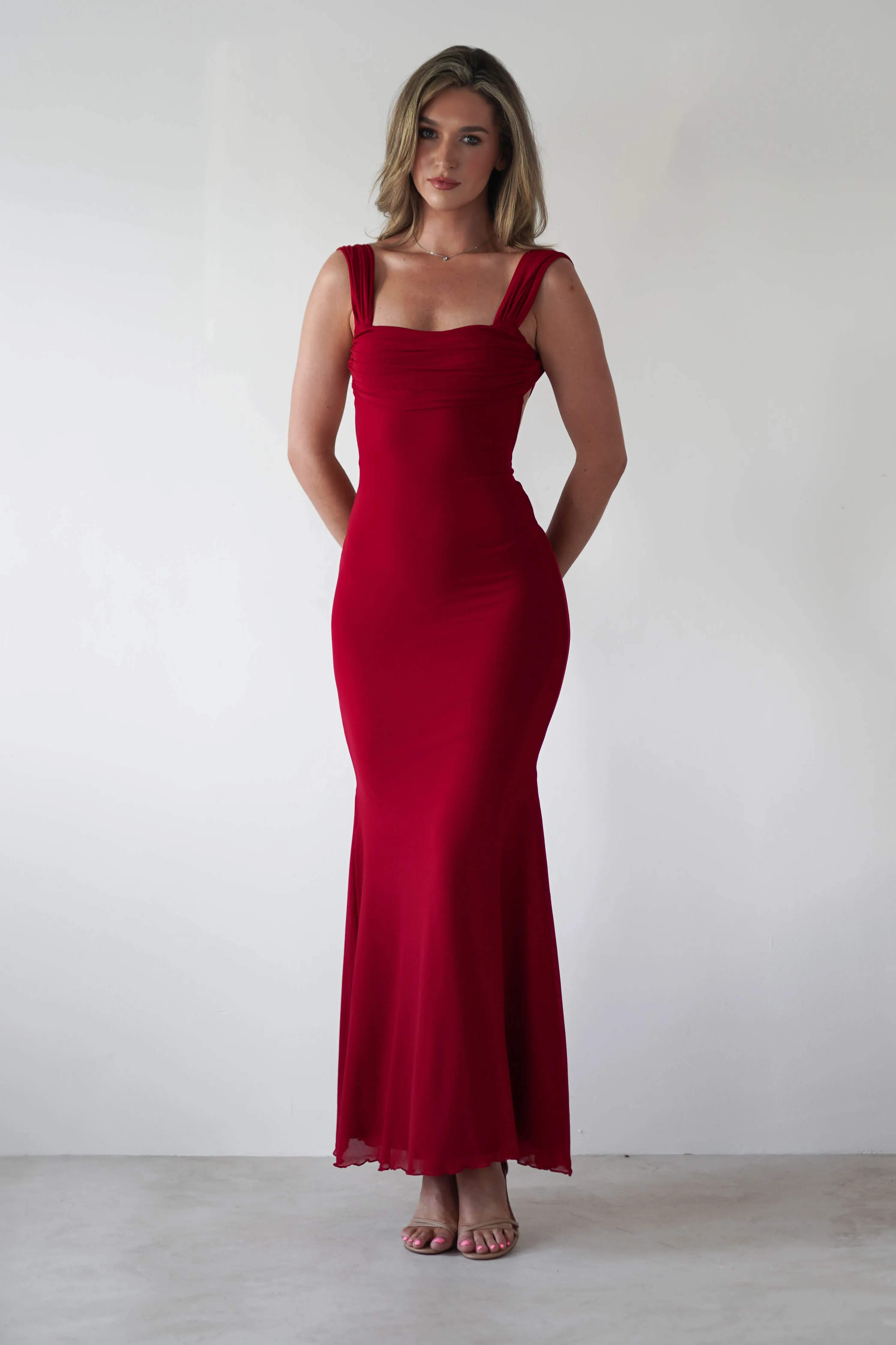 Sky Stretchy Mesh Backless Maxi Dress | Dark Red