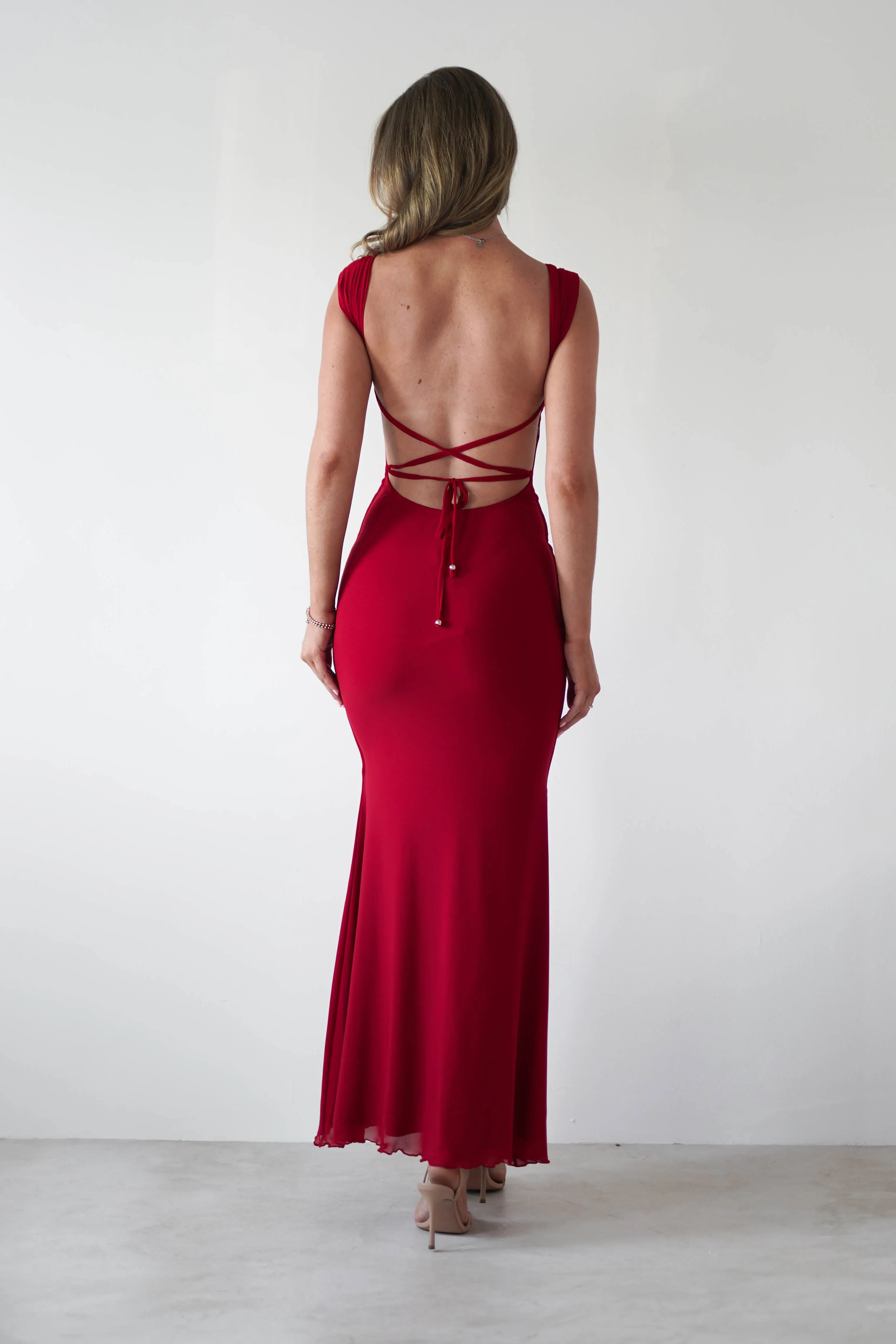 Sky Stretchy Mesh Backless Maxi Dress | Dark Red