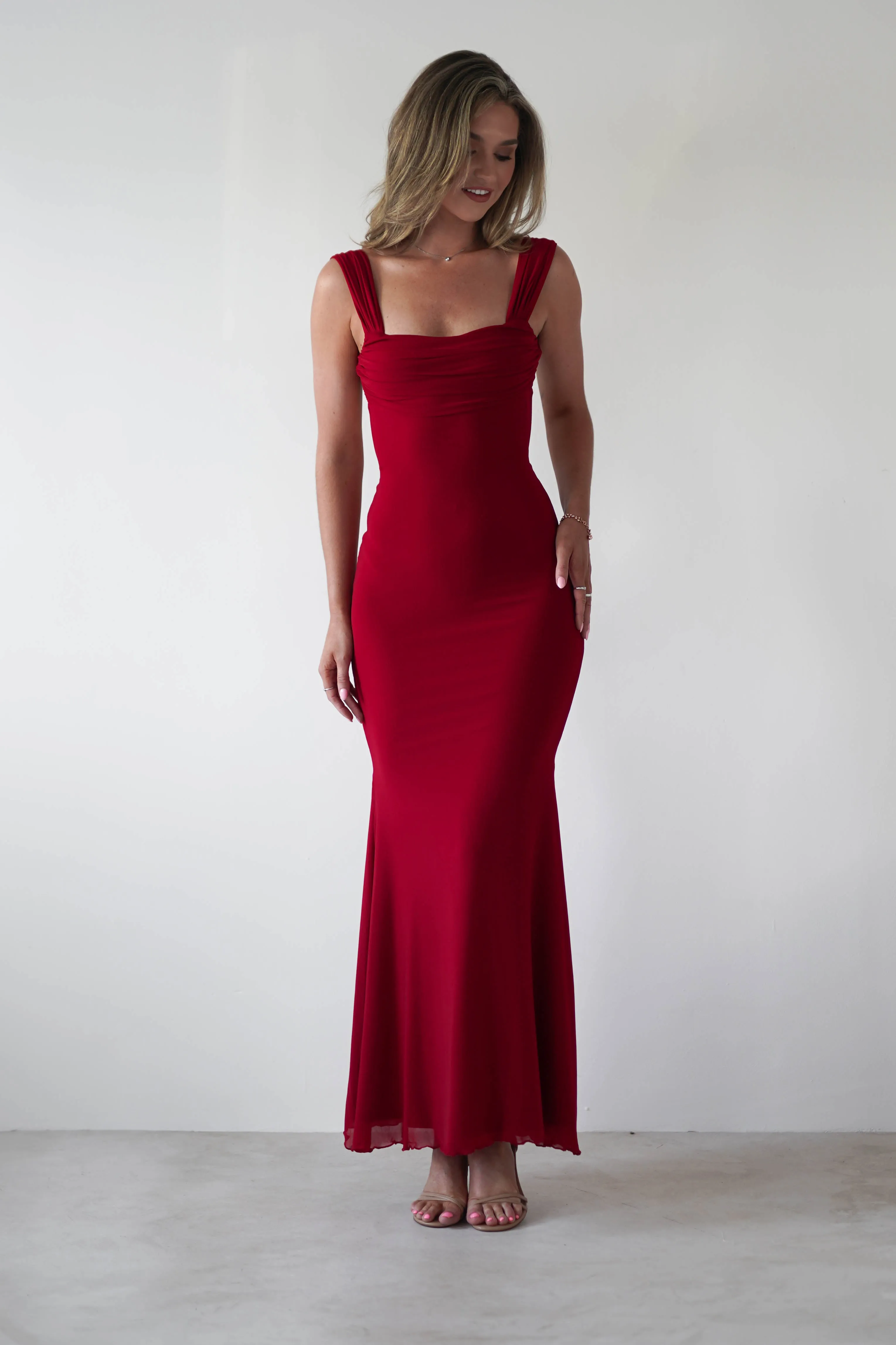 Sky Stretchy Mesh Backless Maxi Dress | Dark Red