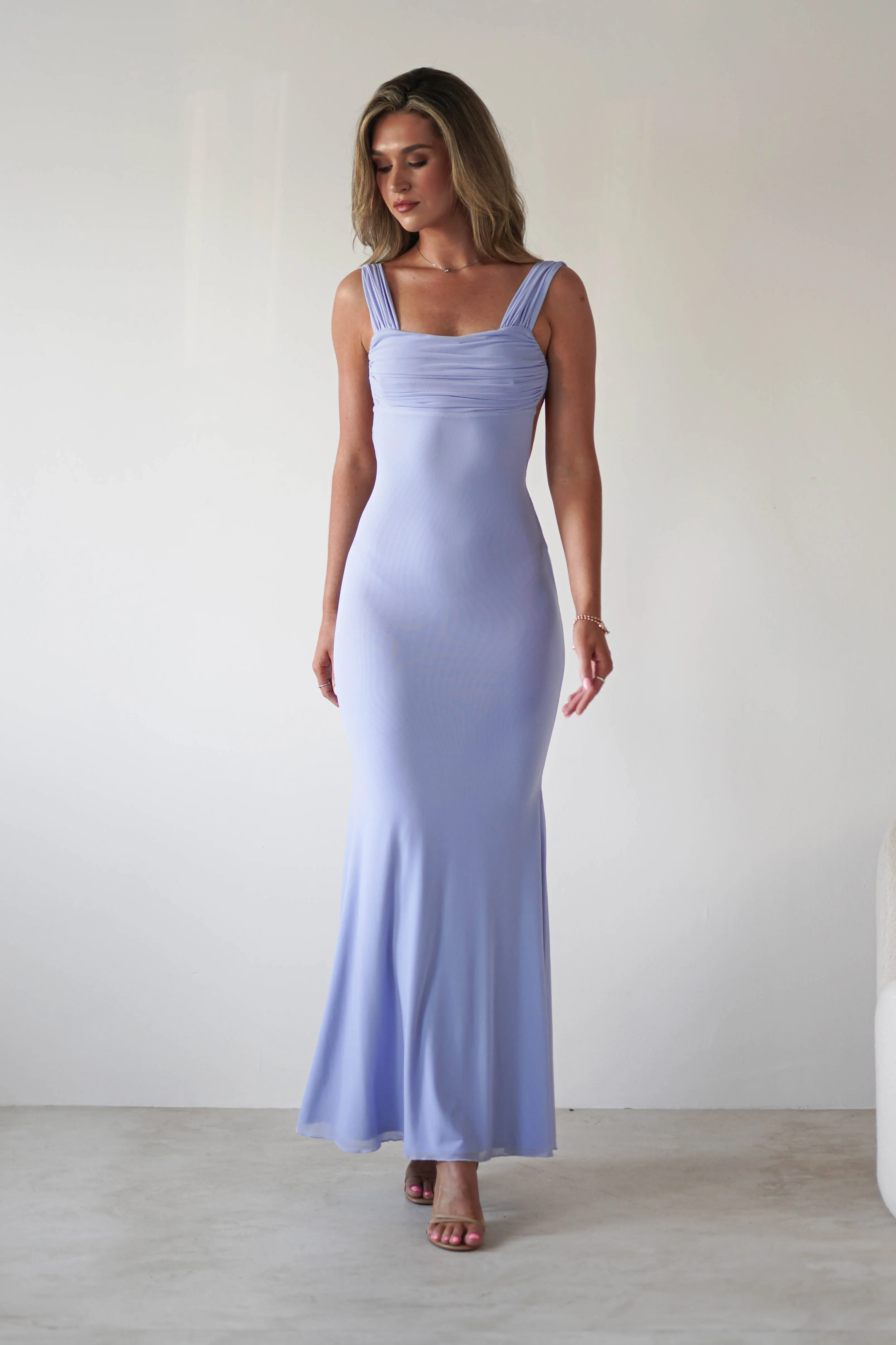 Sky Stretchy Mesh Backless Maxi Dress | Dusty Blue
