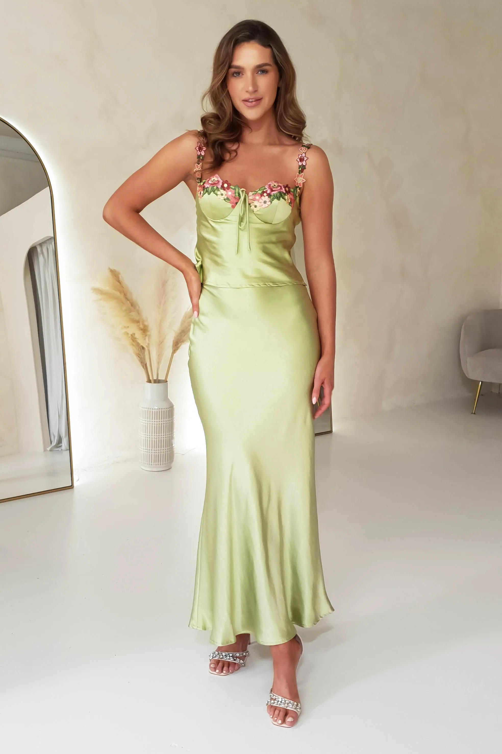 Solanna Satin 2 Piece Skirt & Top | Lime