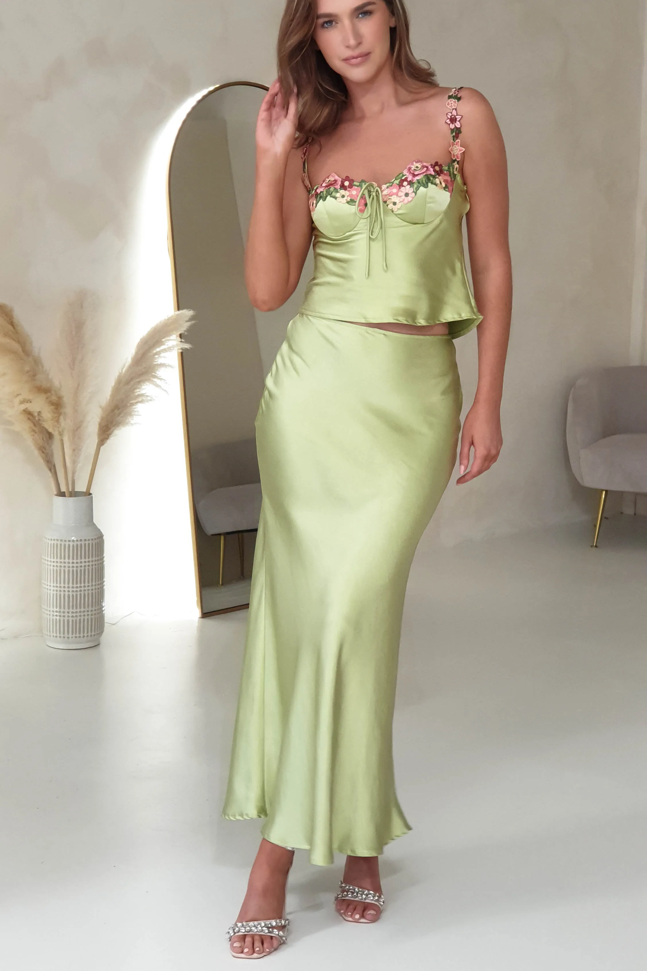 Solanna Satin 2 Piece Skirt & Top | Lime