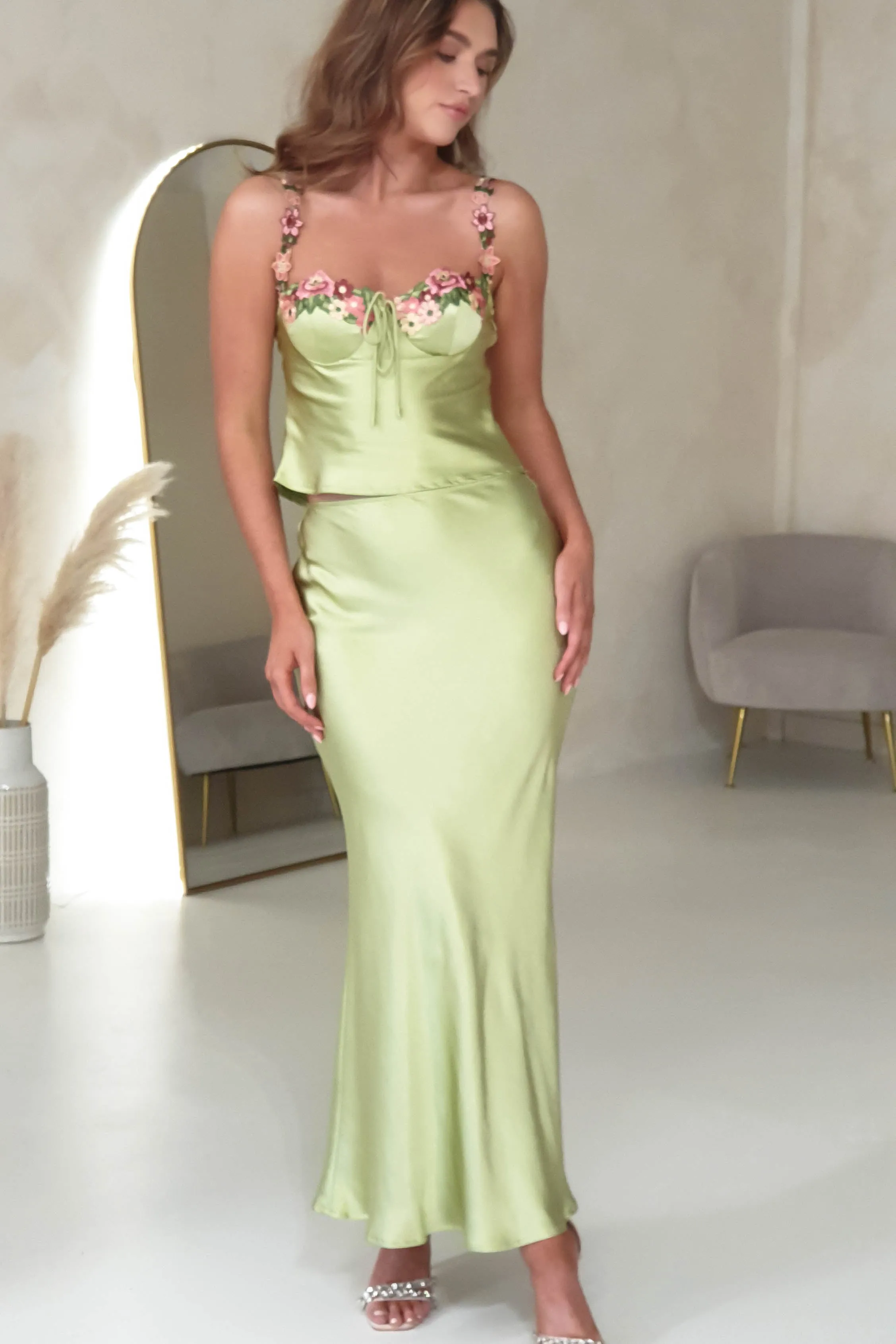 Solanna Satin 2 Piece Skirt & Top | Lime