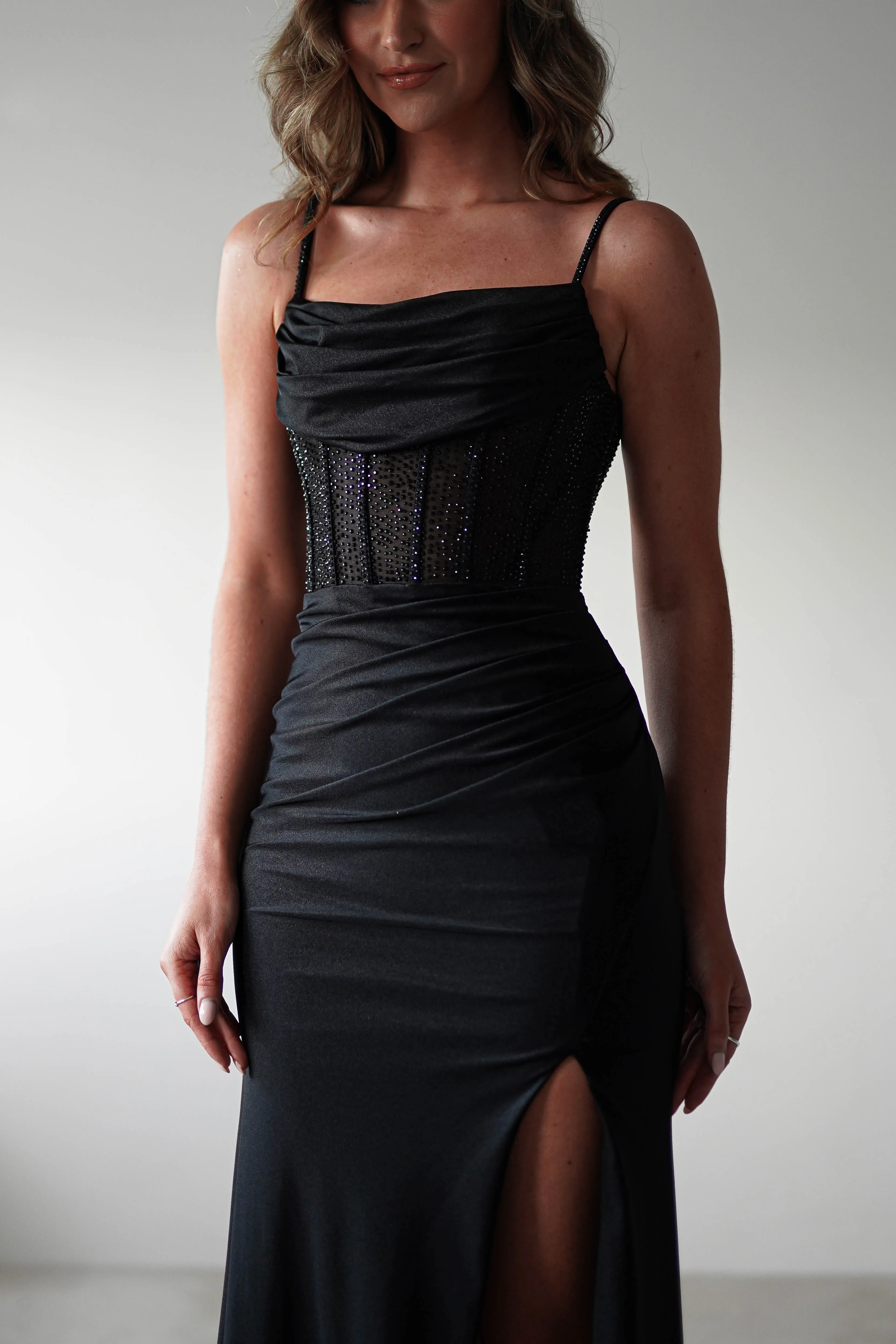 Stefani Rhinestone Bodice Gown | Black