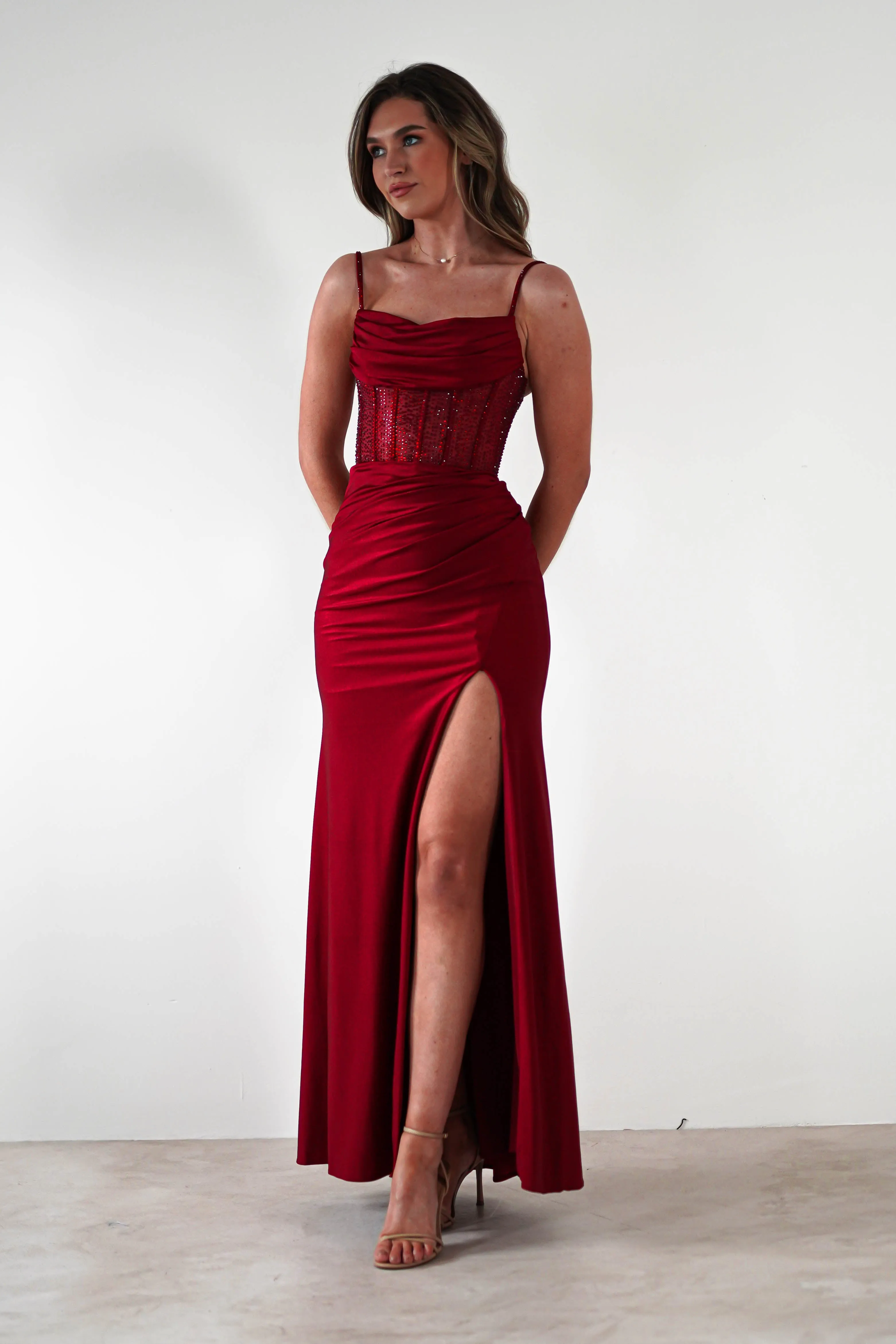 Stefani Rhinestone Bodice Gown | Burgundy