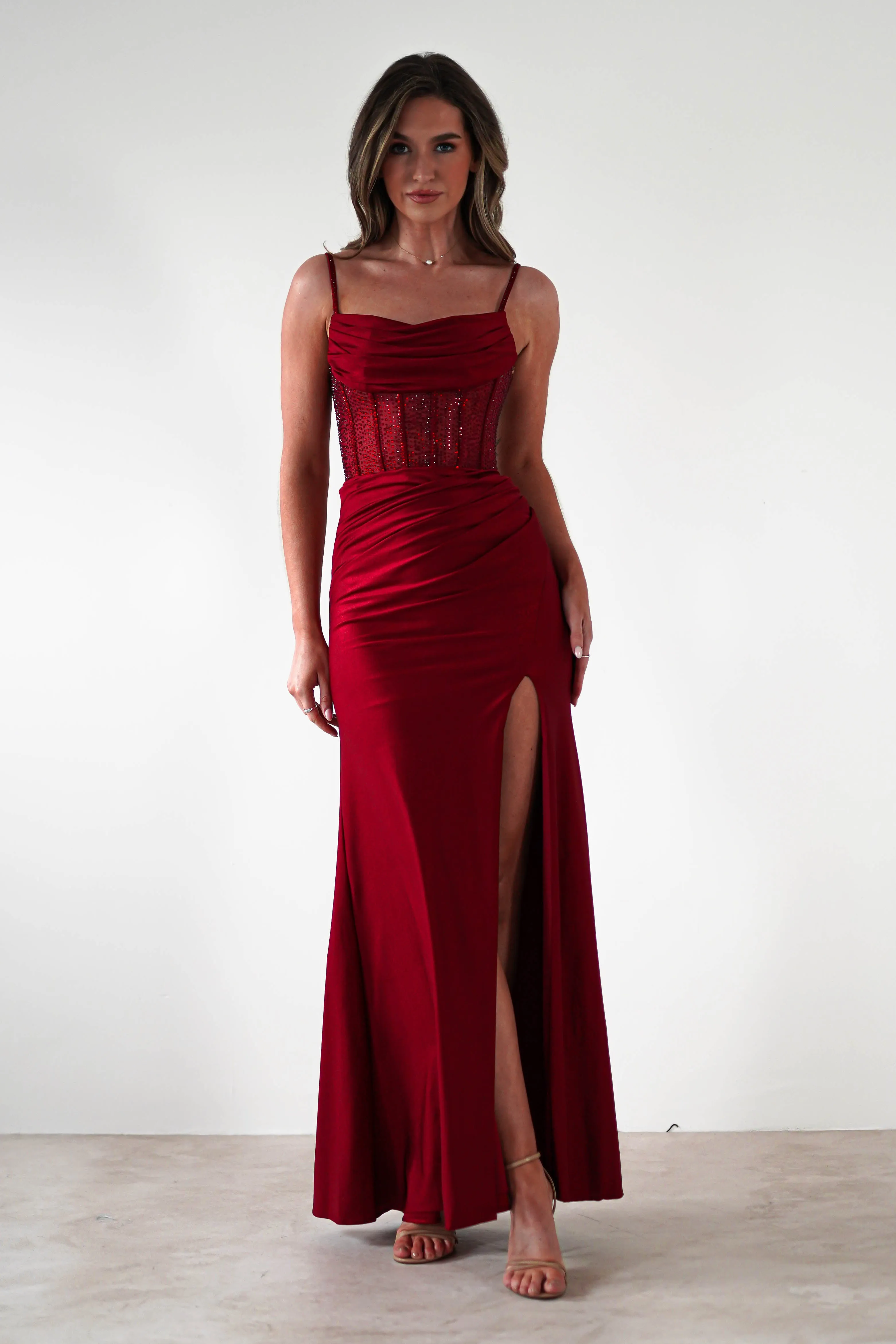 Stefani Rhinestone Bodice Gown | Burgundy