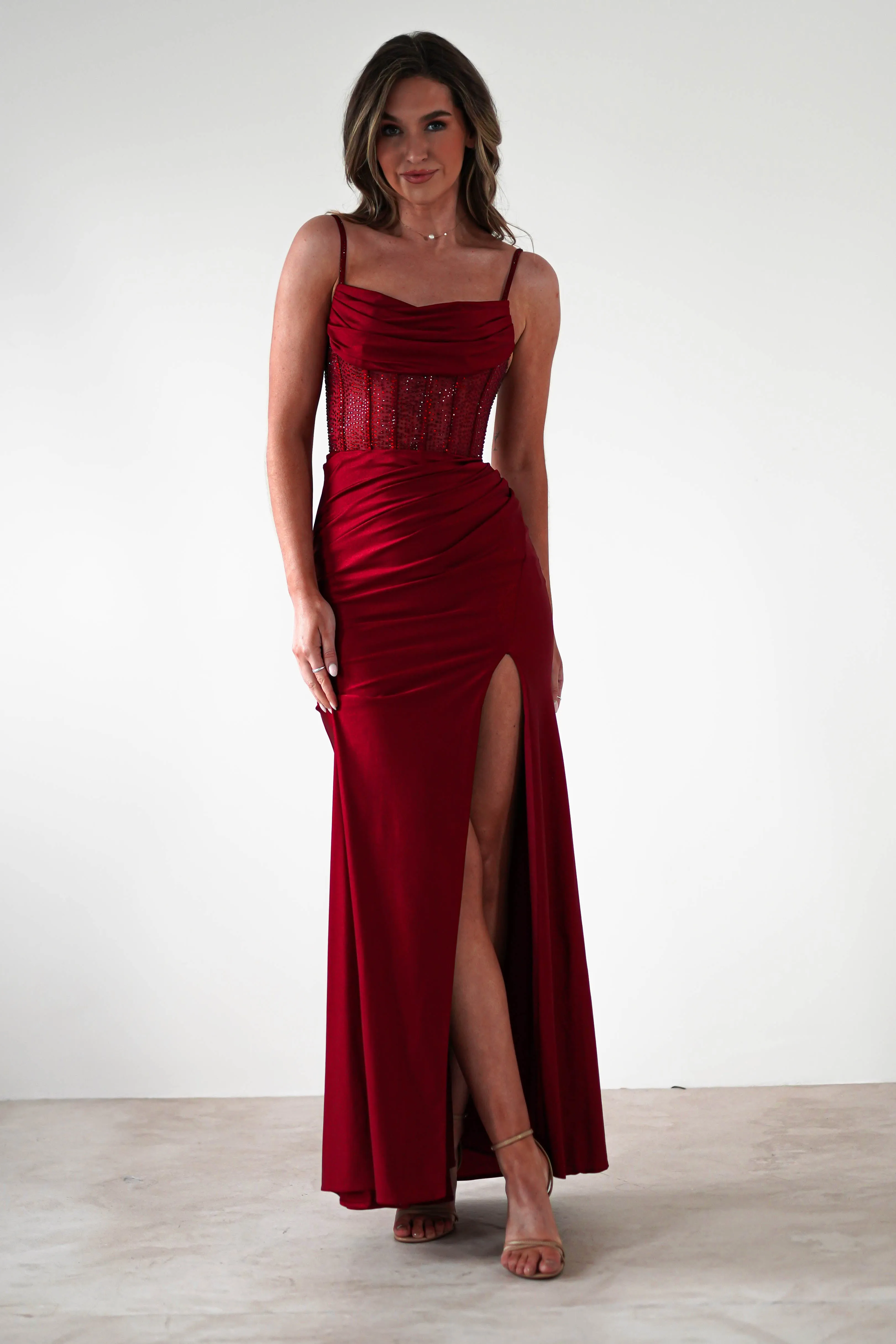Stefani Rhinestone Bodice Gown | Burgundy