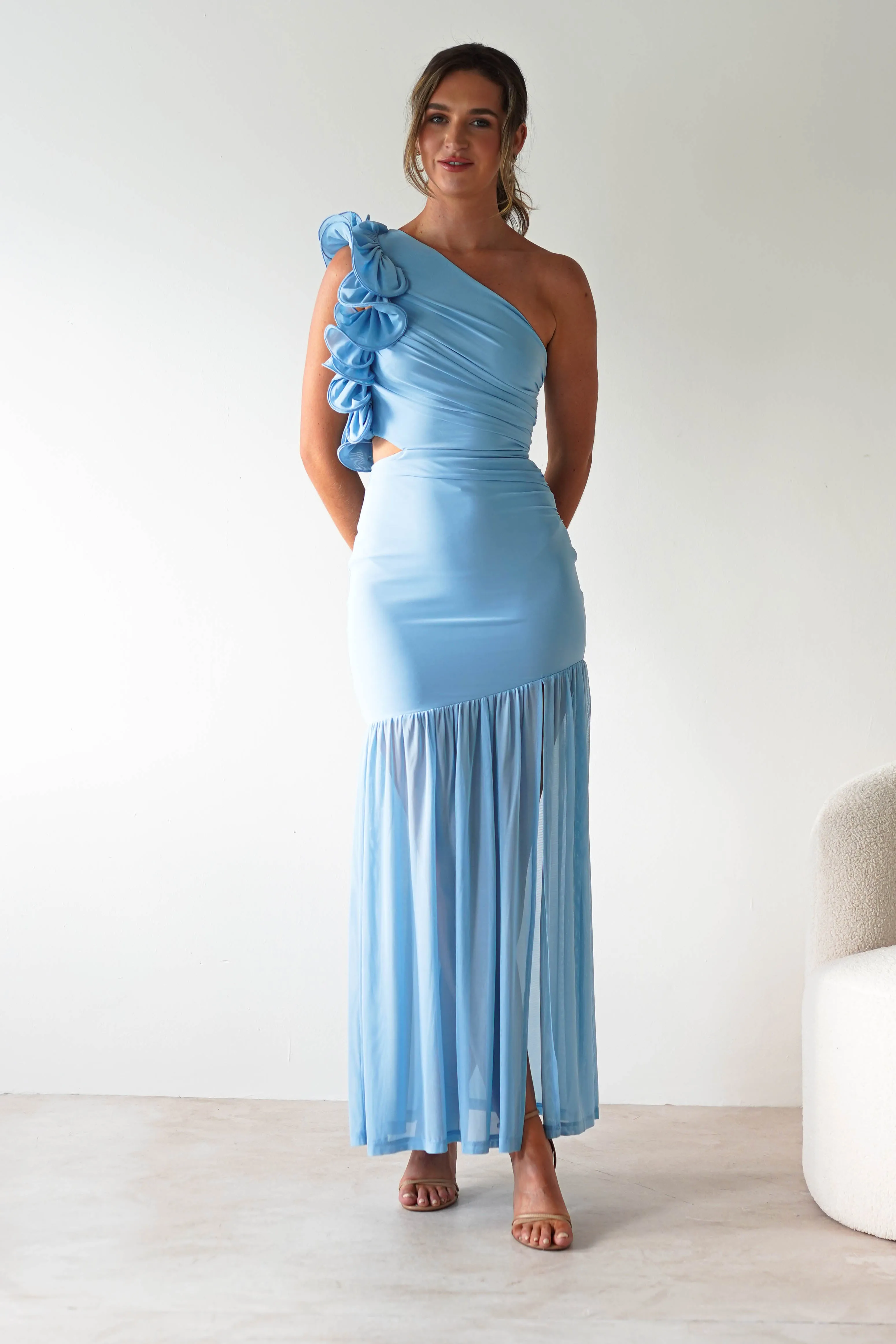 Stephanie Mesh Ruffle Maxi Dress | Blue