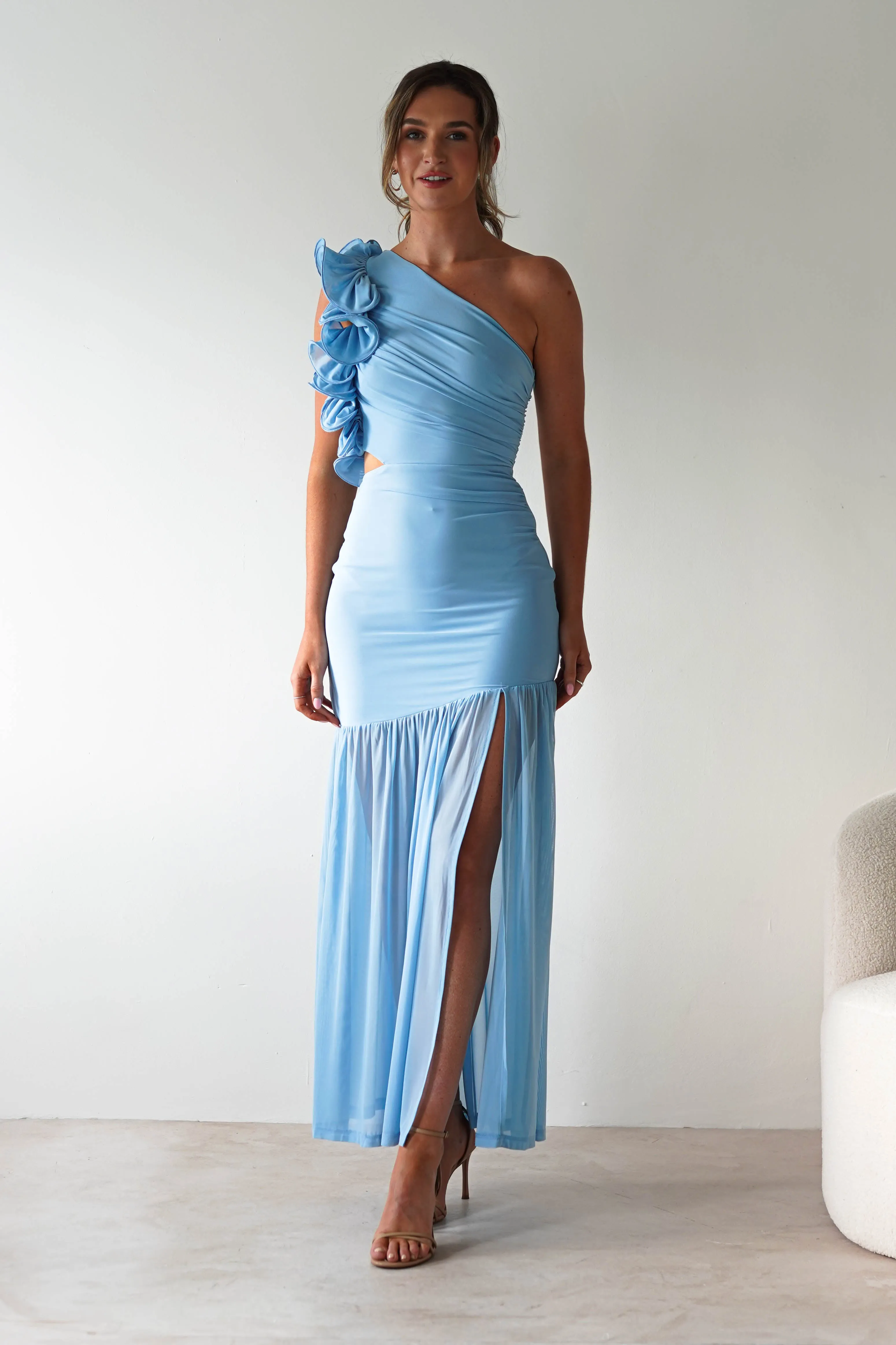 Stephanie Mesh Ruffle Maxi Dress | Blue