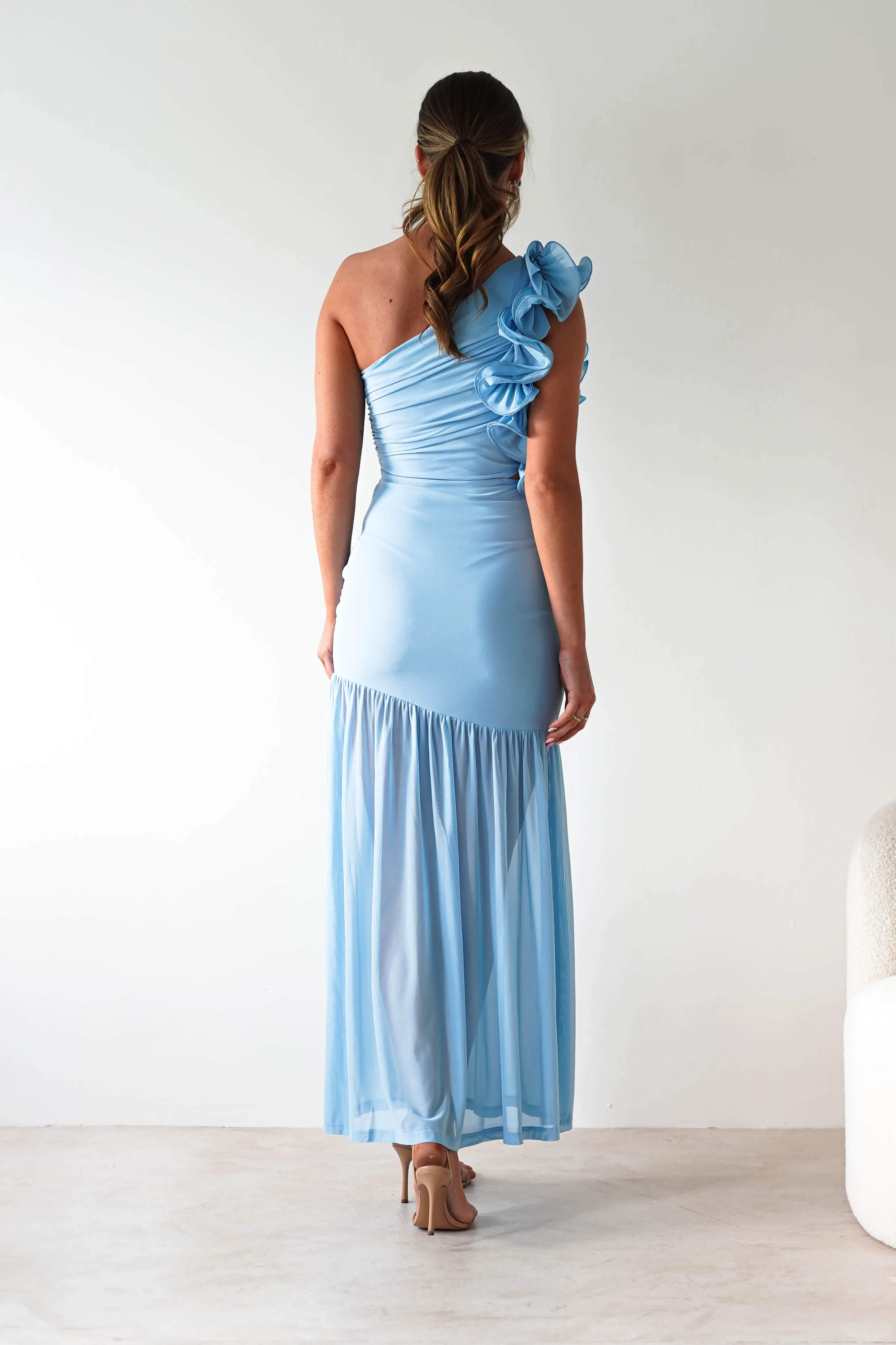 Stephanie Mesh Ruffle Maxi Dress | Blue