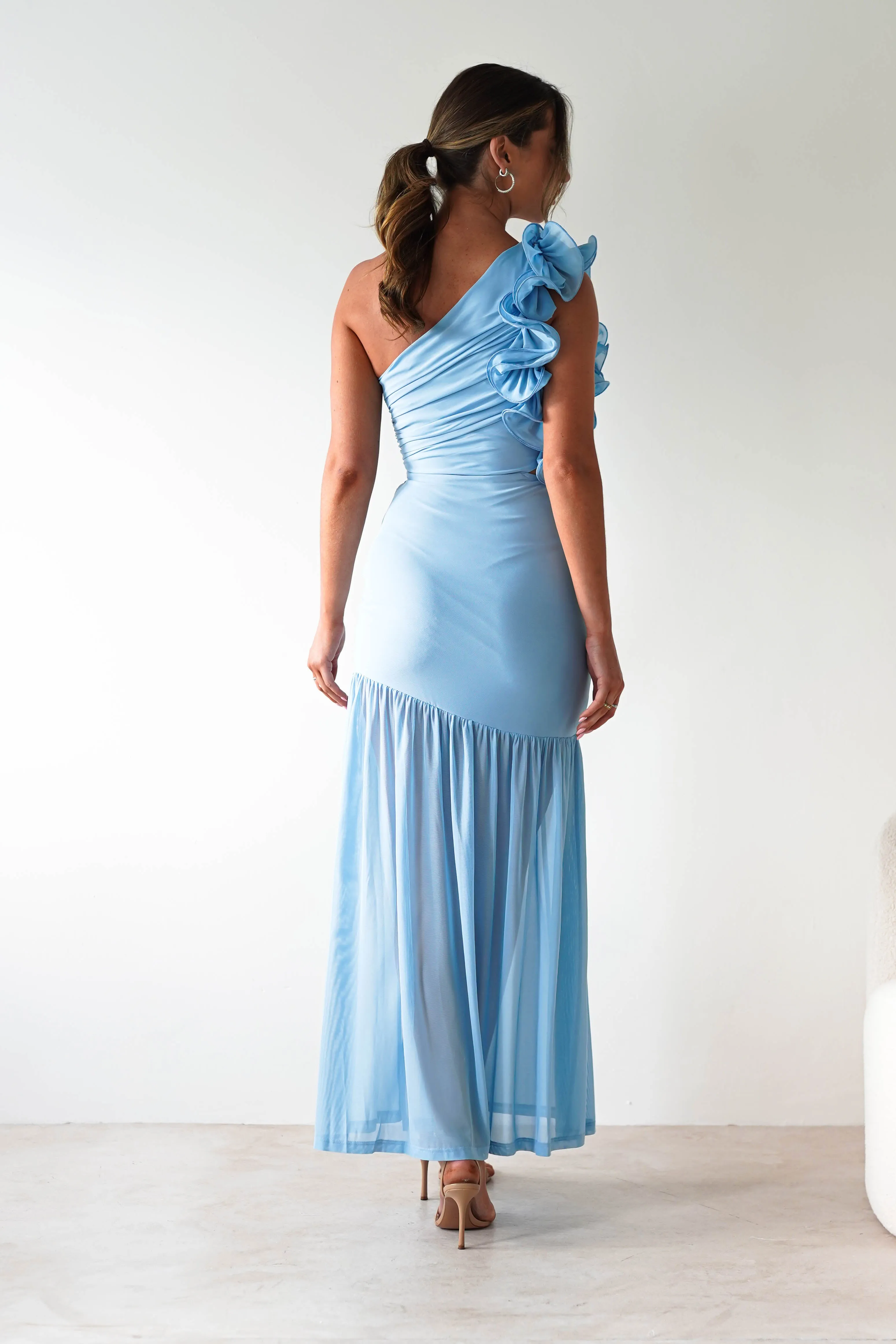 Stephanie Mesh Ruffle Maxi Dress | Blue