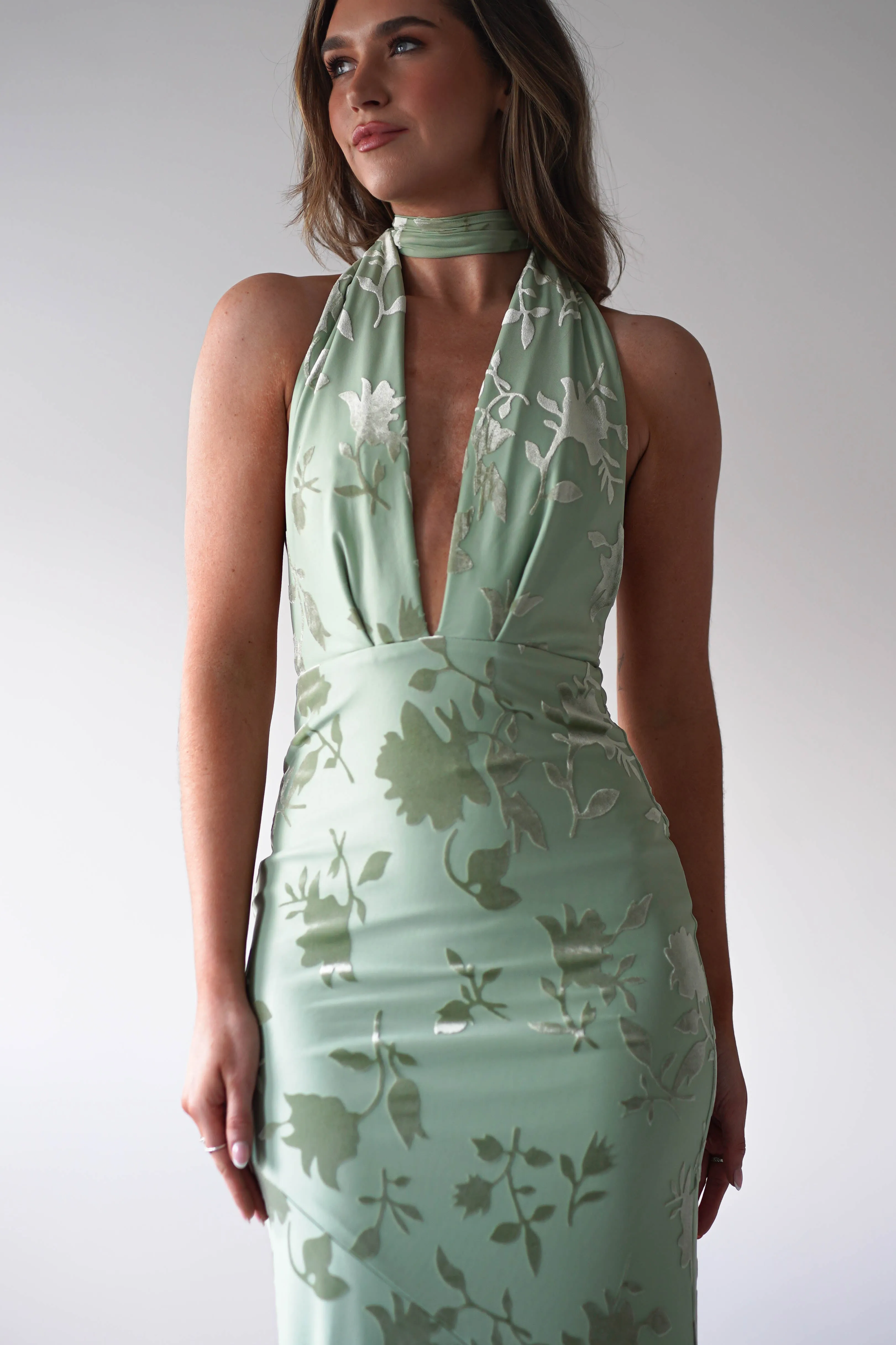 Tara Floral Jacquard Maxi Dress | Light Green