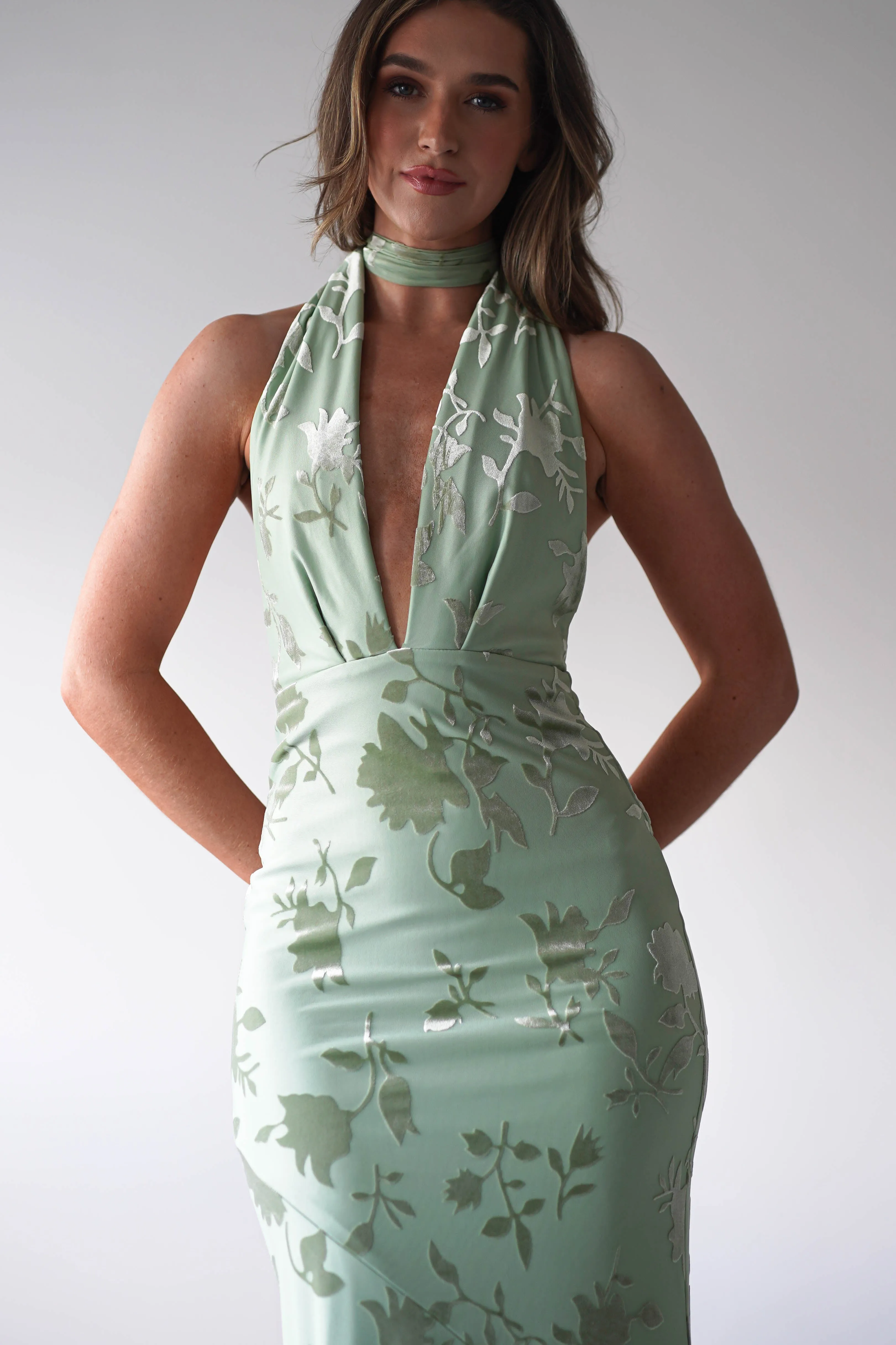 Tara Floral Jacquard Maxi Dress | Light Green