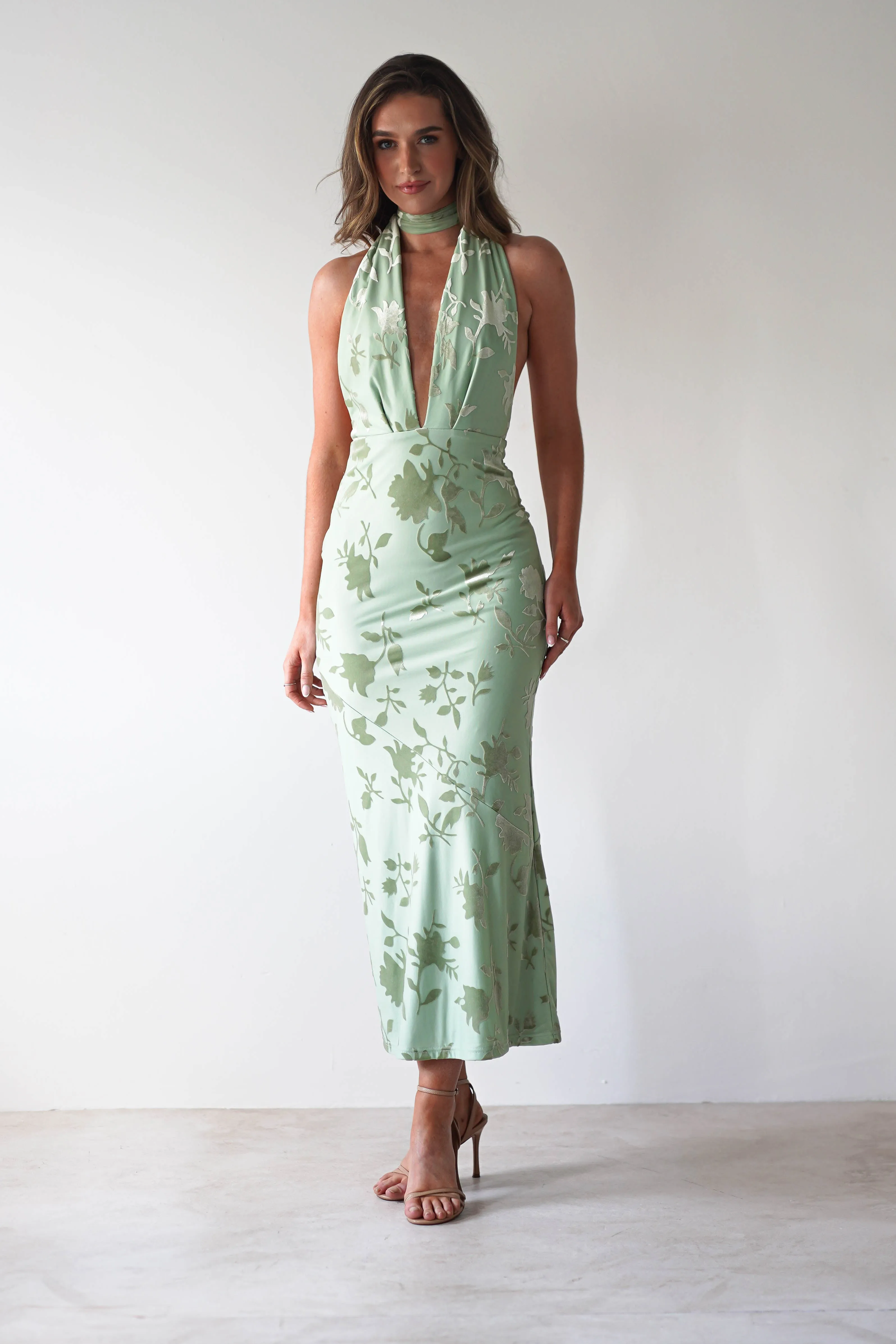 Tara Floral Jacquard Maxi Dress | Light Green