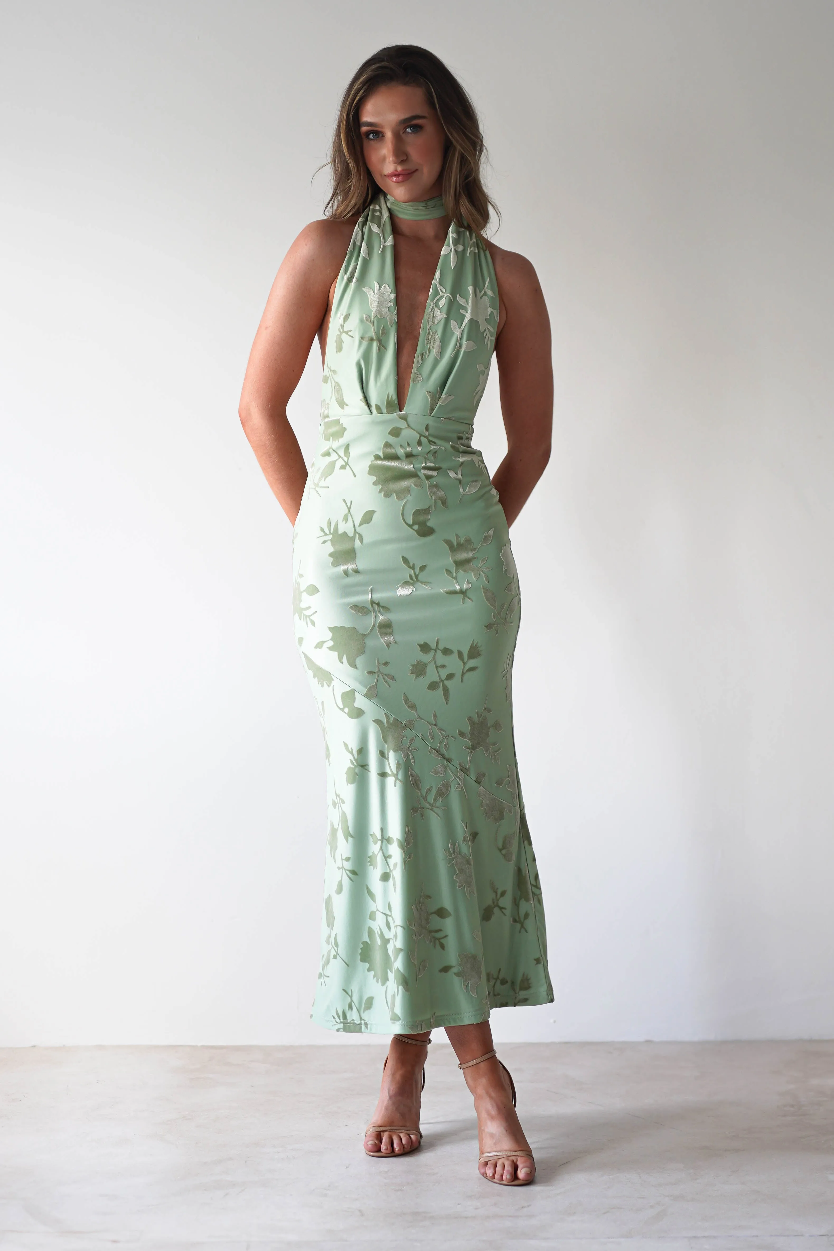 Tara Floral Jacquard Maxi Dress | Light Green