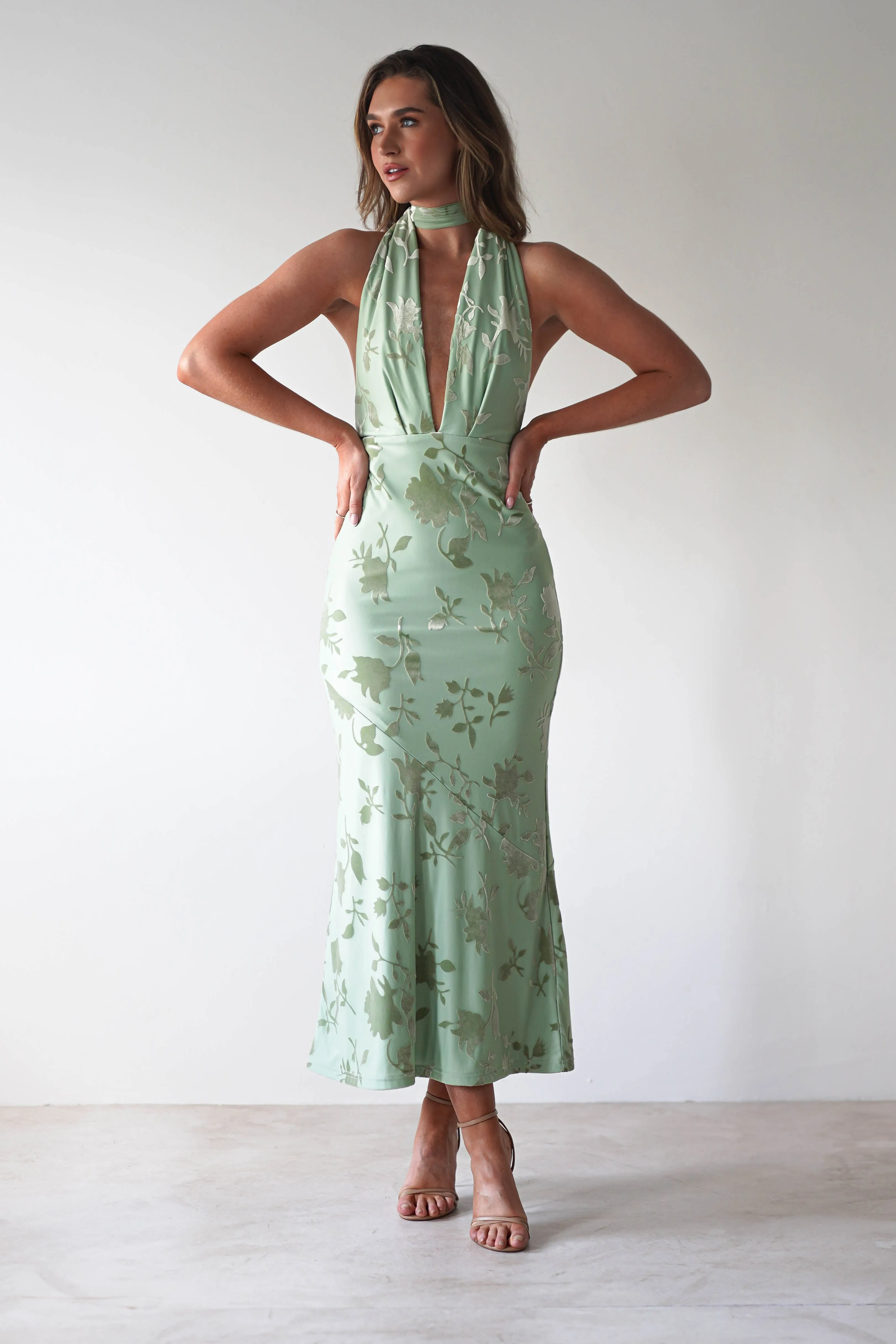 Tara Floral Jacquard Maxi Dress | Light Green